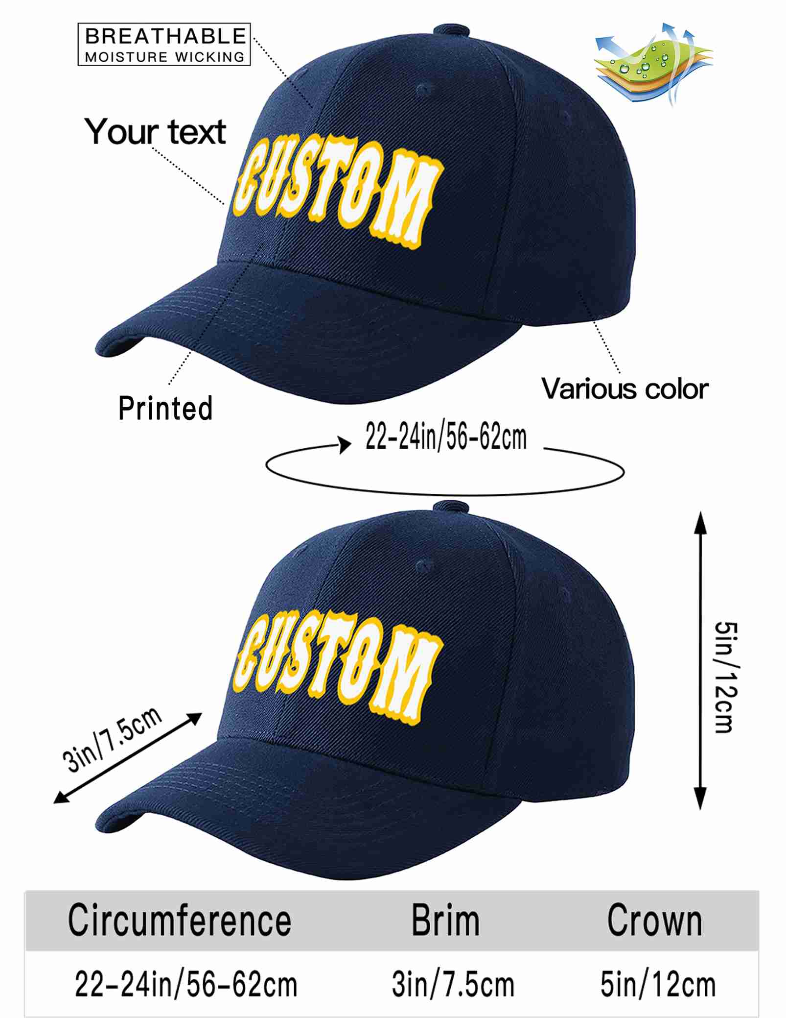 Custom Navy White-Gold Curved Eaves Sport Baseball Cap Design for Men/Women/Youth