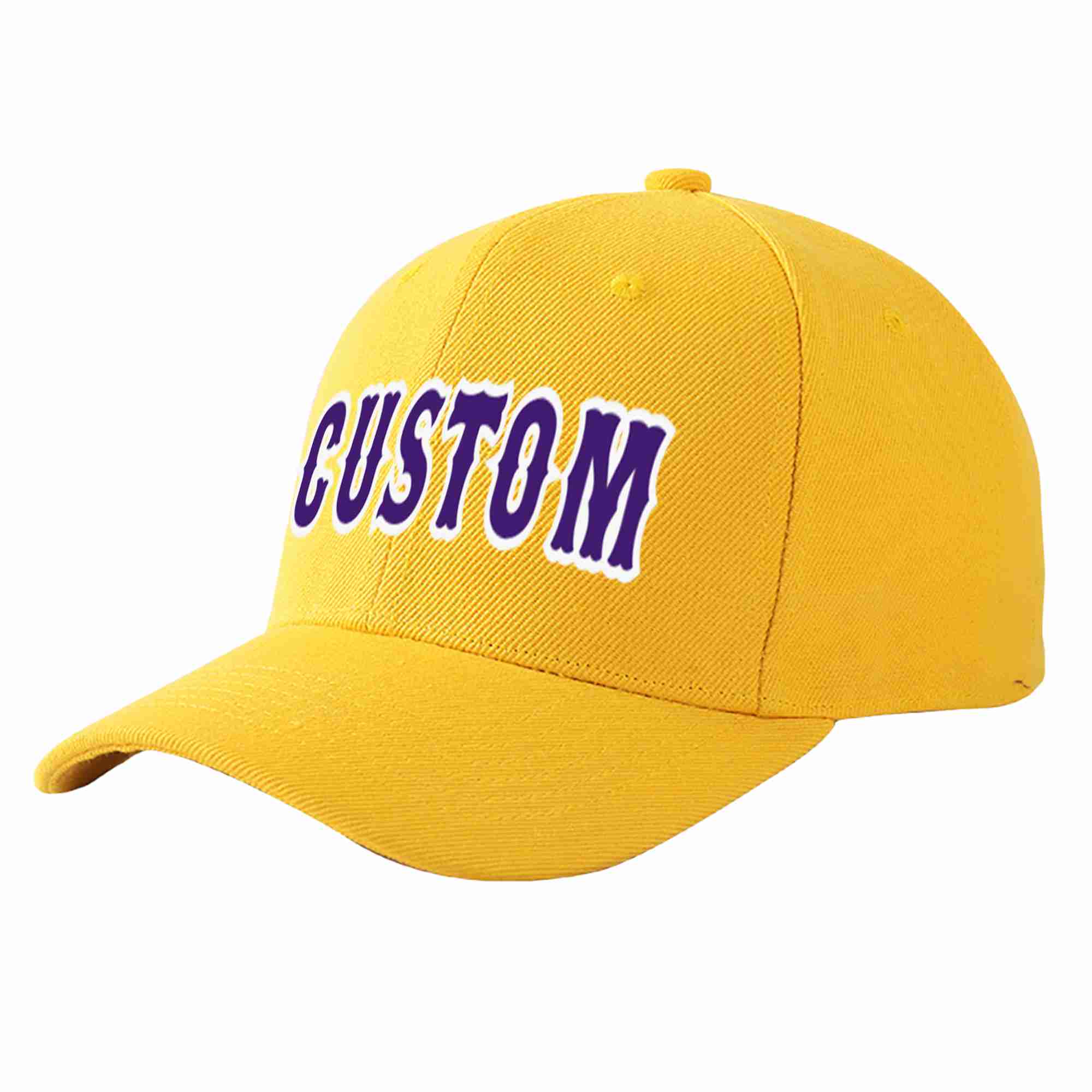 Conception personnalisée de casquette de baseball de sport courbée en or violet-blanc pour hommes/femmes/jeunes