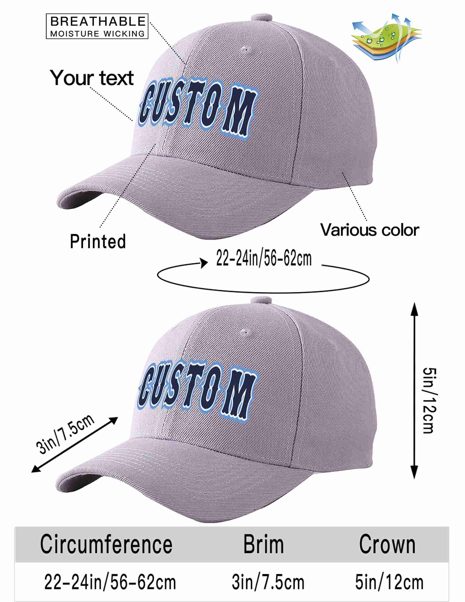 Custom Gray Navy-White Curved Eaves Sport Baseball Cap Design for Men/Women/Youth