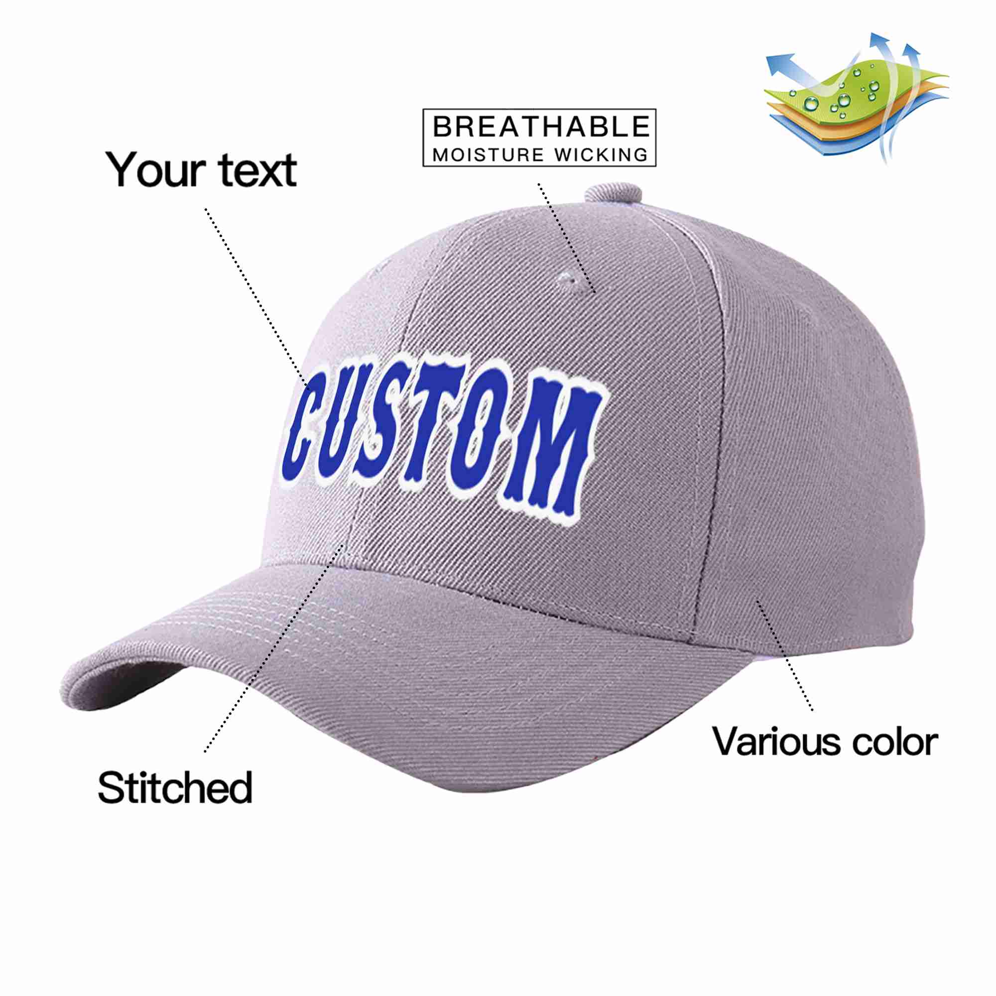 Conception personnalisée de casquette de baseball de sport incurvée gris royal-blanc pour hommes/femmes/jeunes