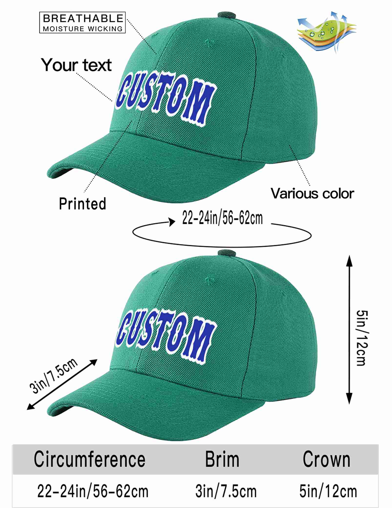 Custom Light Green Royal-White Curved Eaves Sport Baseball Cap Design for Men/Women/Youth