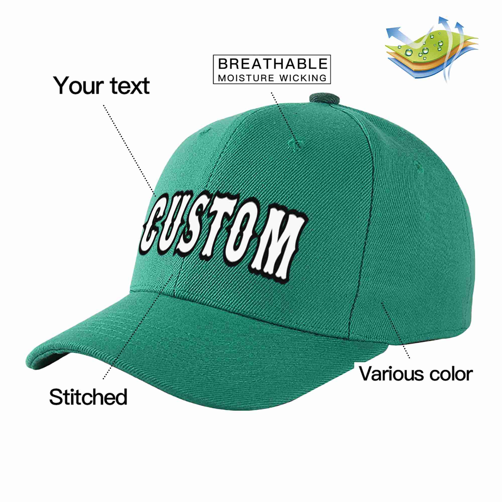 Conception personnalisée de casquette de baseball de sport incurvée vert clair blanc-noir pour hommes/femmes/jeunes