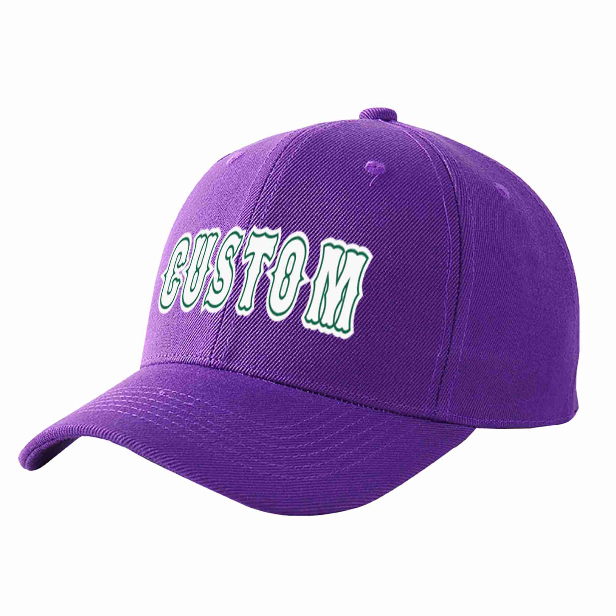 Custom Purple White-Kelly Green Curved Eaves Sport Baseball Cap Design for Men/Women/Youth