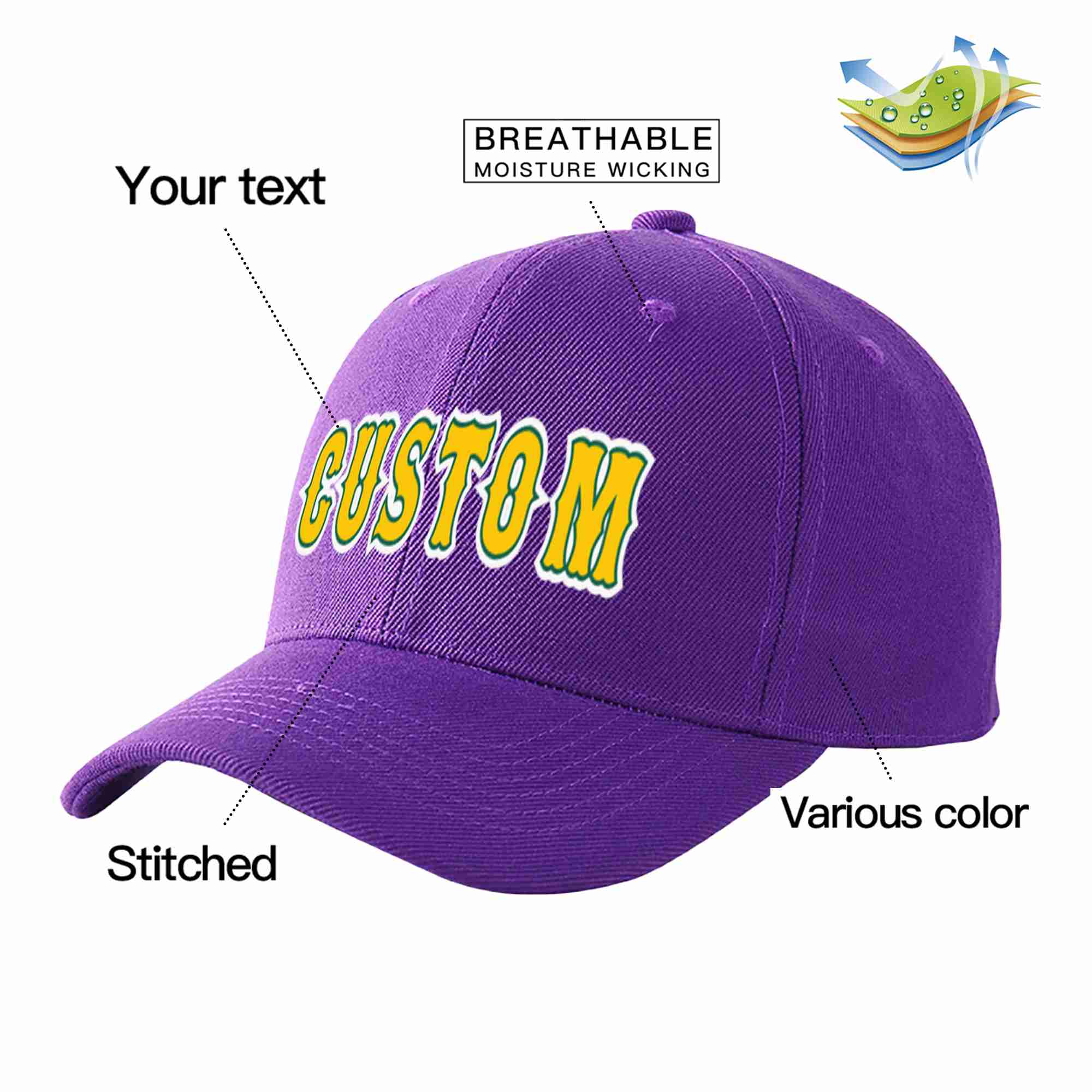 Custom Purple Gold-Kelly Green Curved Eaves Sport Baseball Cap Design for Men/Women/Youth