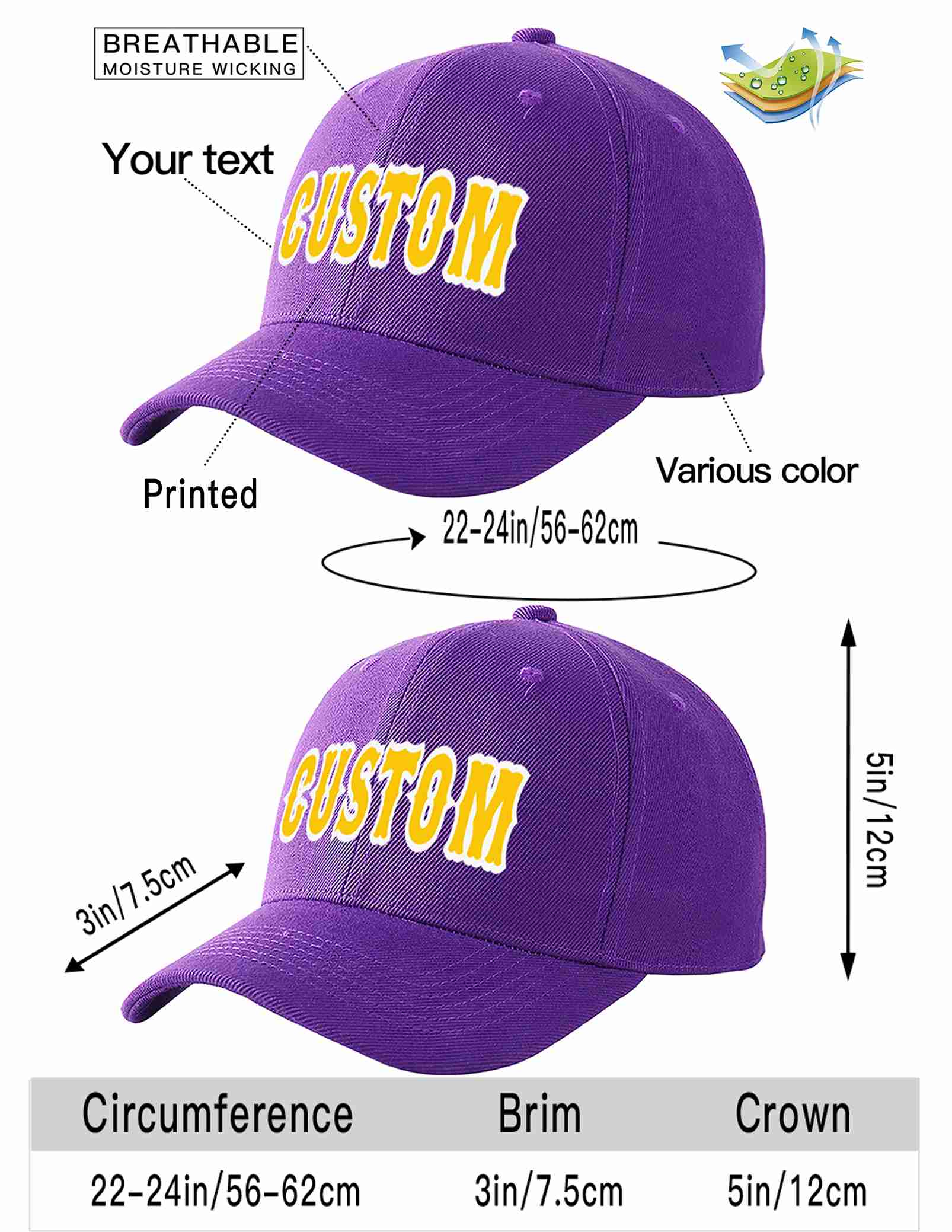 Conception personnalisée de casquette de baseball de sport incurvée Eaves violet or-blanc pour hommes/femmes/jeunes