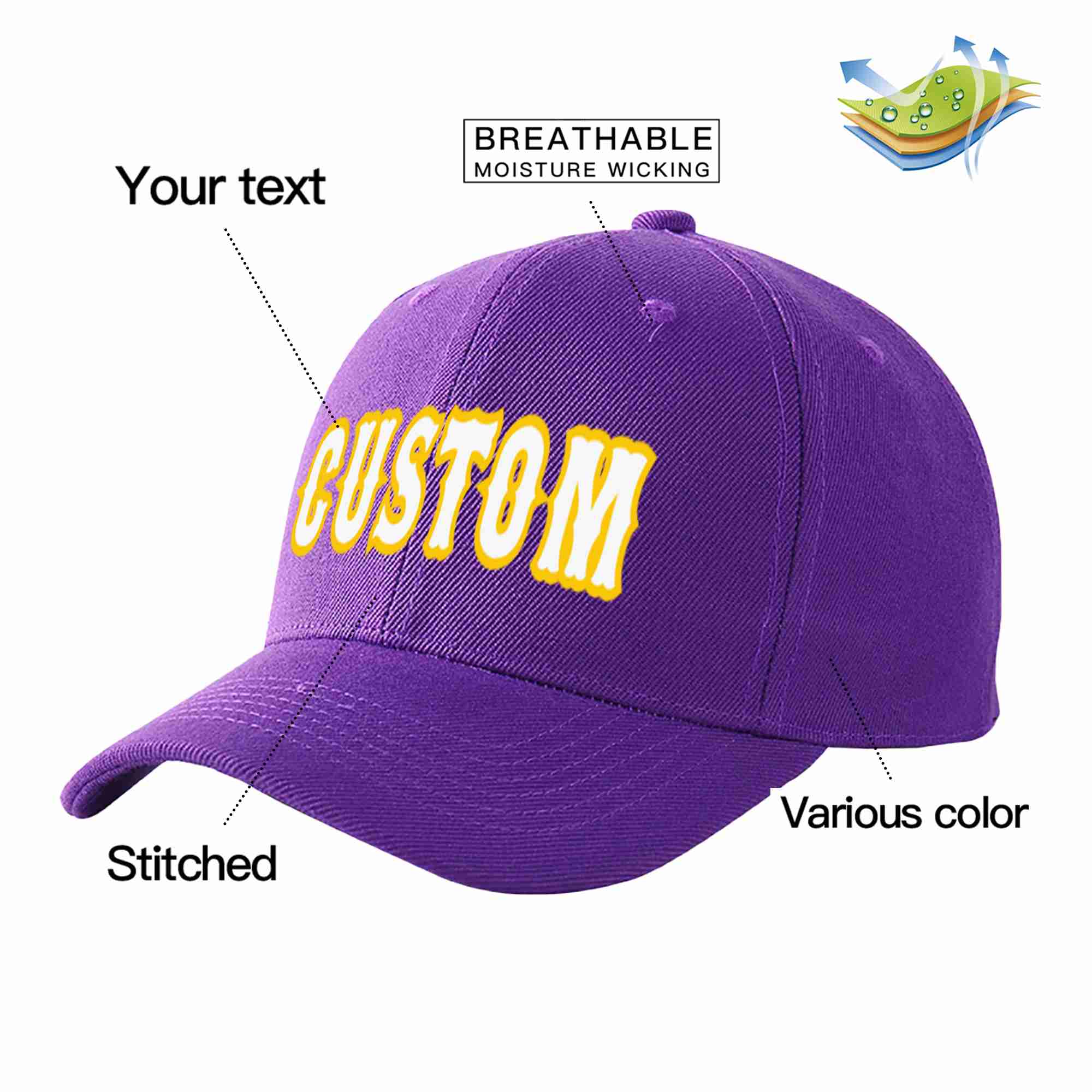 Conception personnalisée de casquette de baseball de sport incurvée Eaves violet blanc-or pour hommes/femmes/jeunes