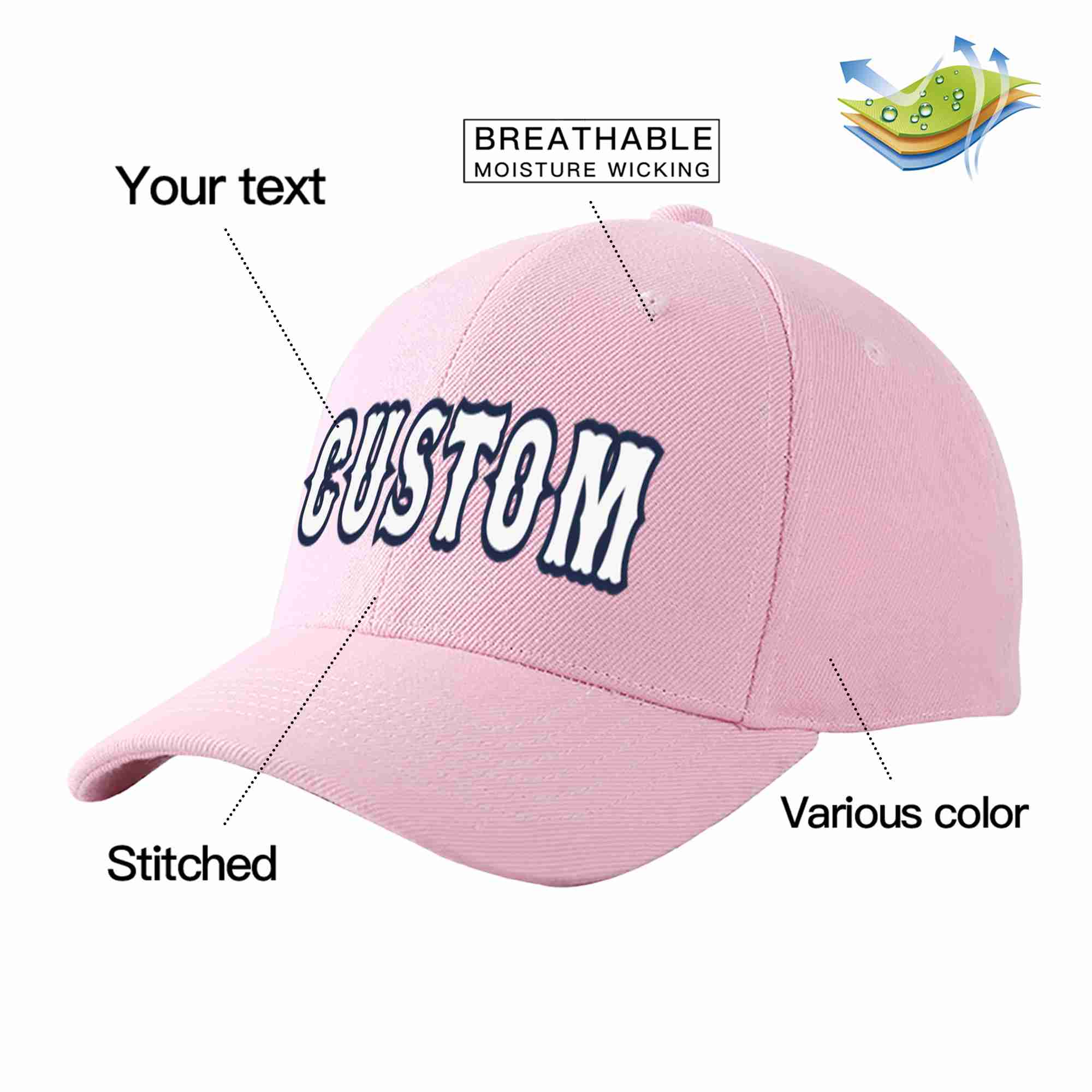 Conception personnalisée de casquette de baseball de sport incurvée rose blanc-marine pour hommes/femmes/jeunes