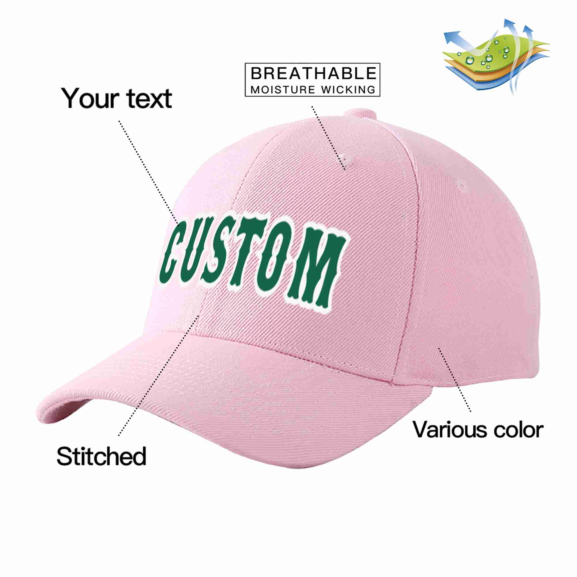 Casquette de baseball de sport incurvée rose Kelly vert-blanc pour hommes/femmes/jeunes