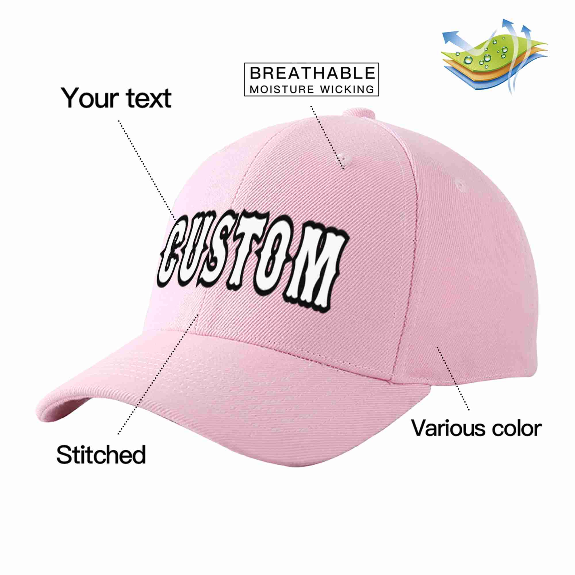 Conception personnalisée de casquette de baseball de sport incurvée rose blanc-noir pour hommes/femmes/jeunes