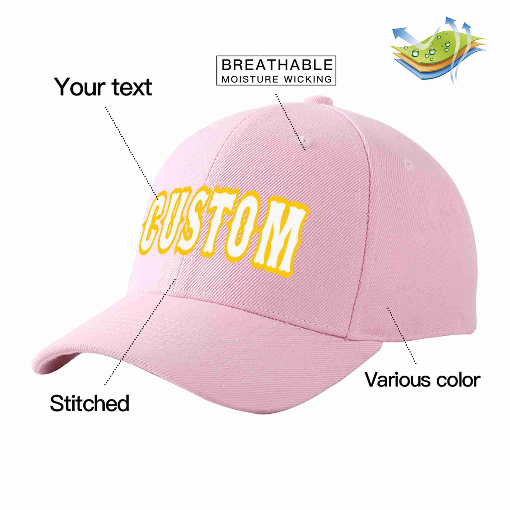 Conception personnalisée de casquette de baseball de sport incurvée rose blanc-or pour hommes/femmes/jeunes