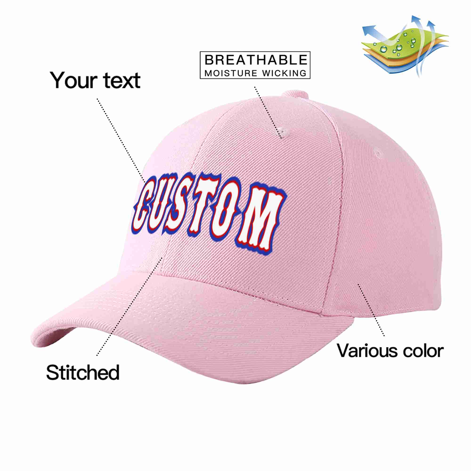 Conception personnalisée de casquette de baseball de sport incurvée rose blanc-rouge pour hommes/femmes/jeunes