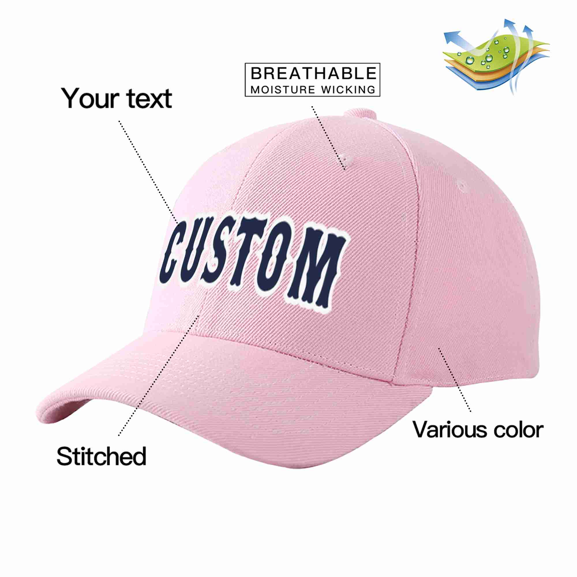 Conception personnalisée de casquette de baseball de sport incurvée rose marine-blanc pour hommes/femmes/jeunes