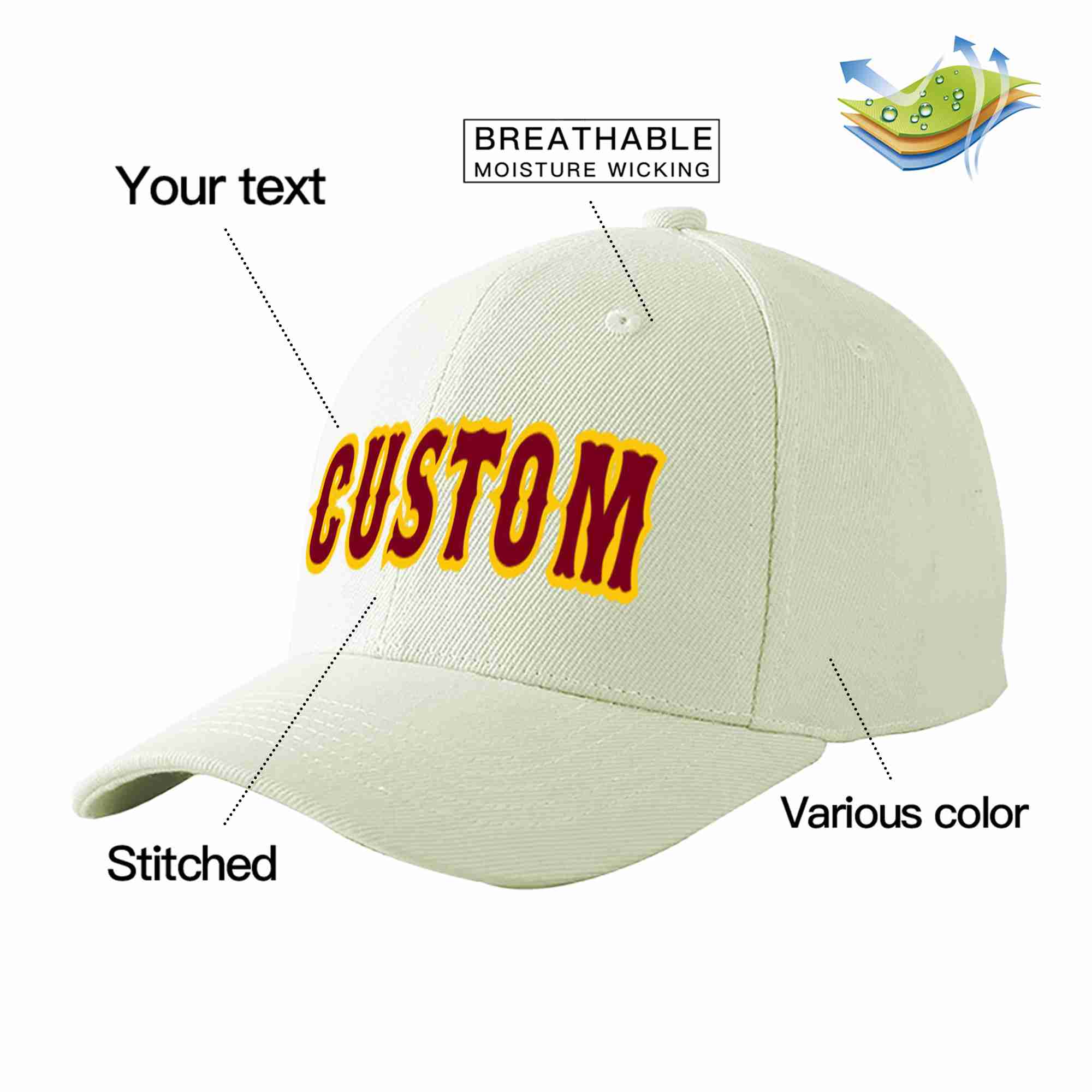 Custom Cream Crimson-Gold Curved Eaves Sport Baseball Cap Design for Men/Women/Youth