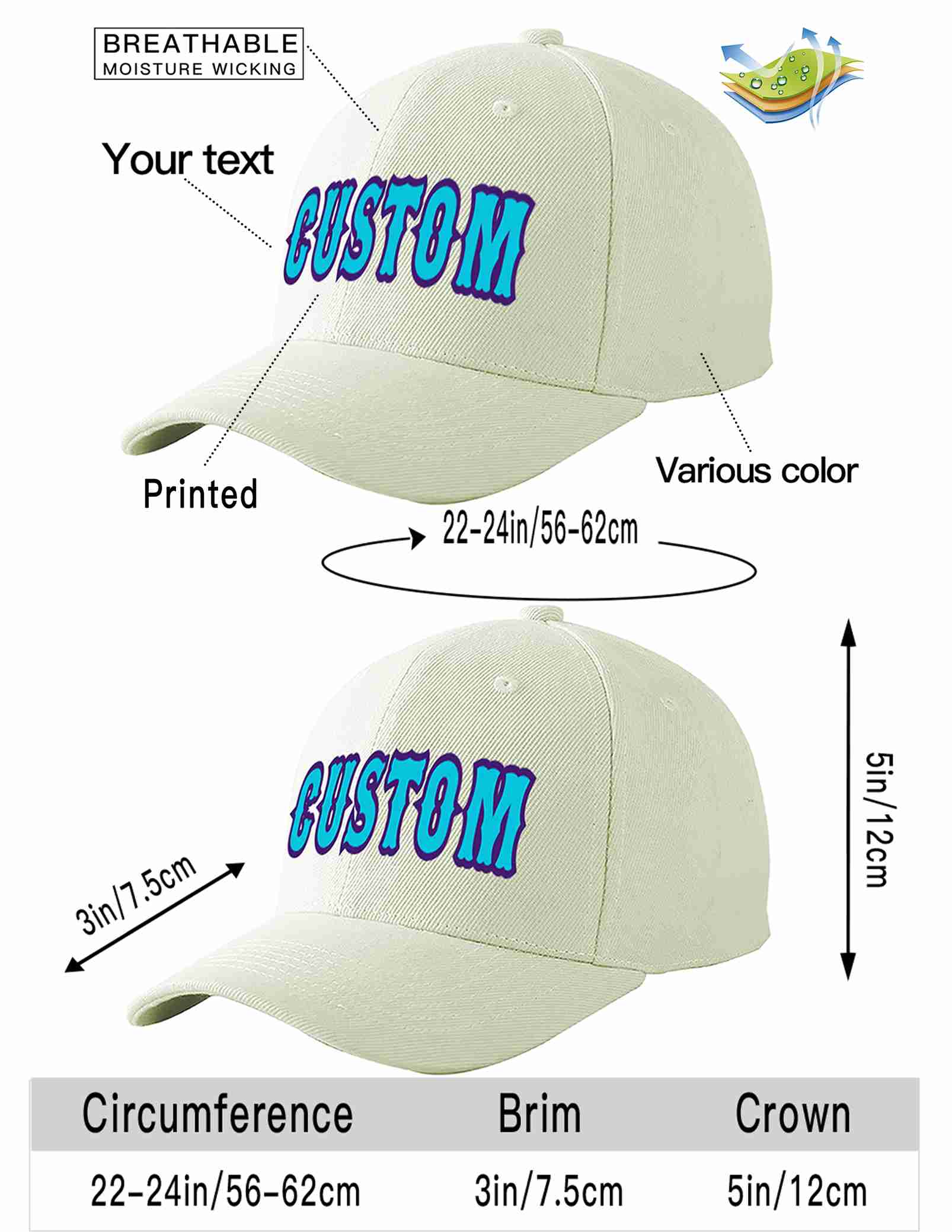 Custom Cream Light Blue-Purple Curved Eaves Sport Baseball Cap Design for Men/Women/Youth