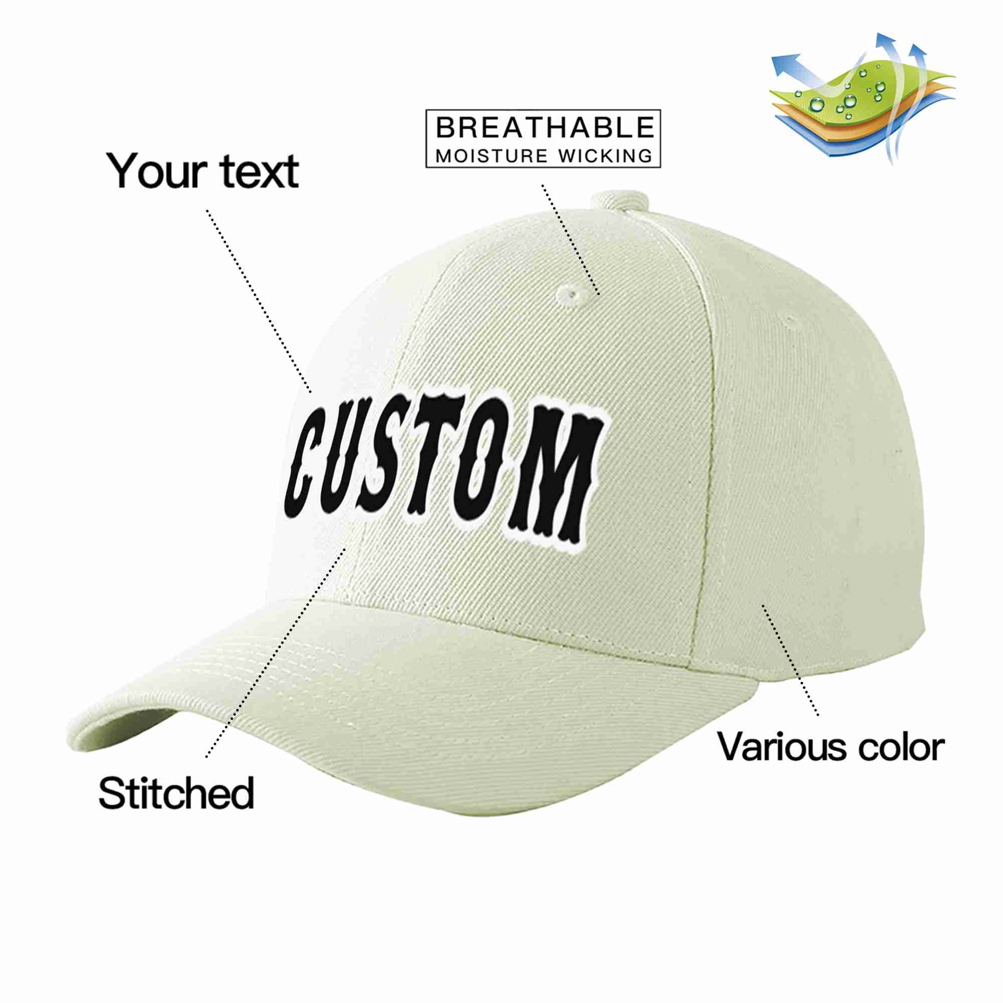 Conception personnalisée de casquette de baseball de sport incurvée noir-blanc crème pour hommes/femmes/jeunes