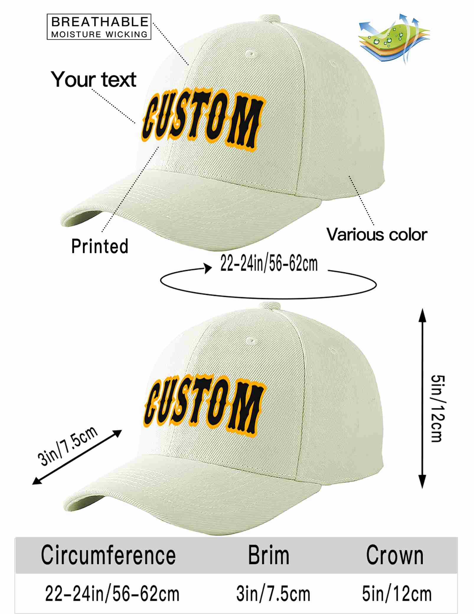 Custom Cream Black-Yellow Curved Eaves Sport Baseball Cap Design for Men/Women/Youth