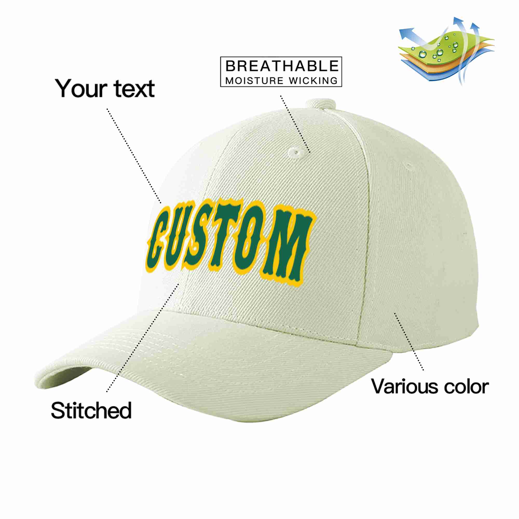 Casquette de baseball de sport incurvée Kelly vert-or crème personnalisée pour hommes/femmes/jeunes