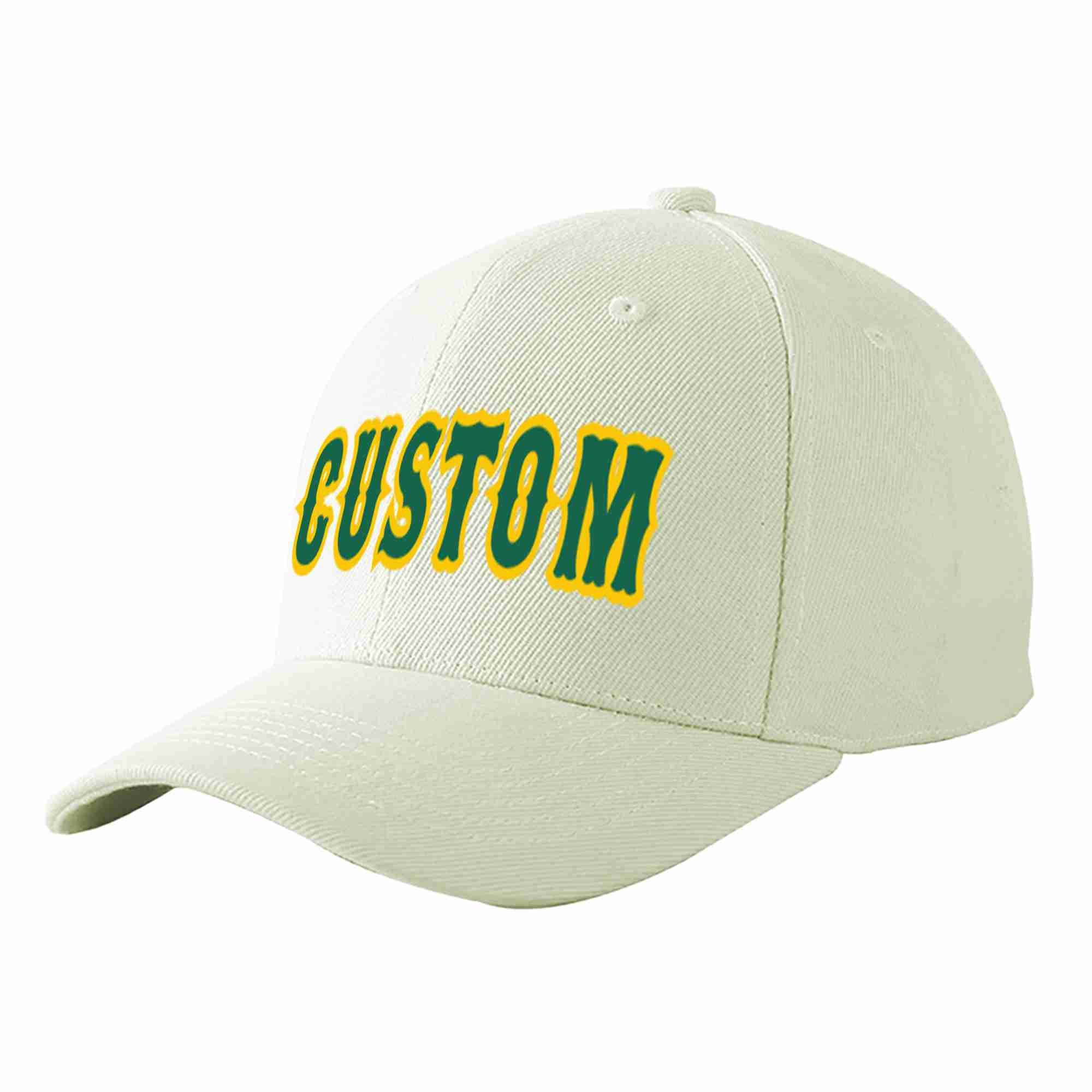 Custom Cream Kelly Green-Gold Curved Eaves Sport Baseball Cap Design for Men/Women/Youth