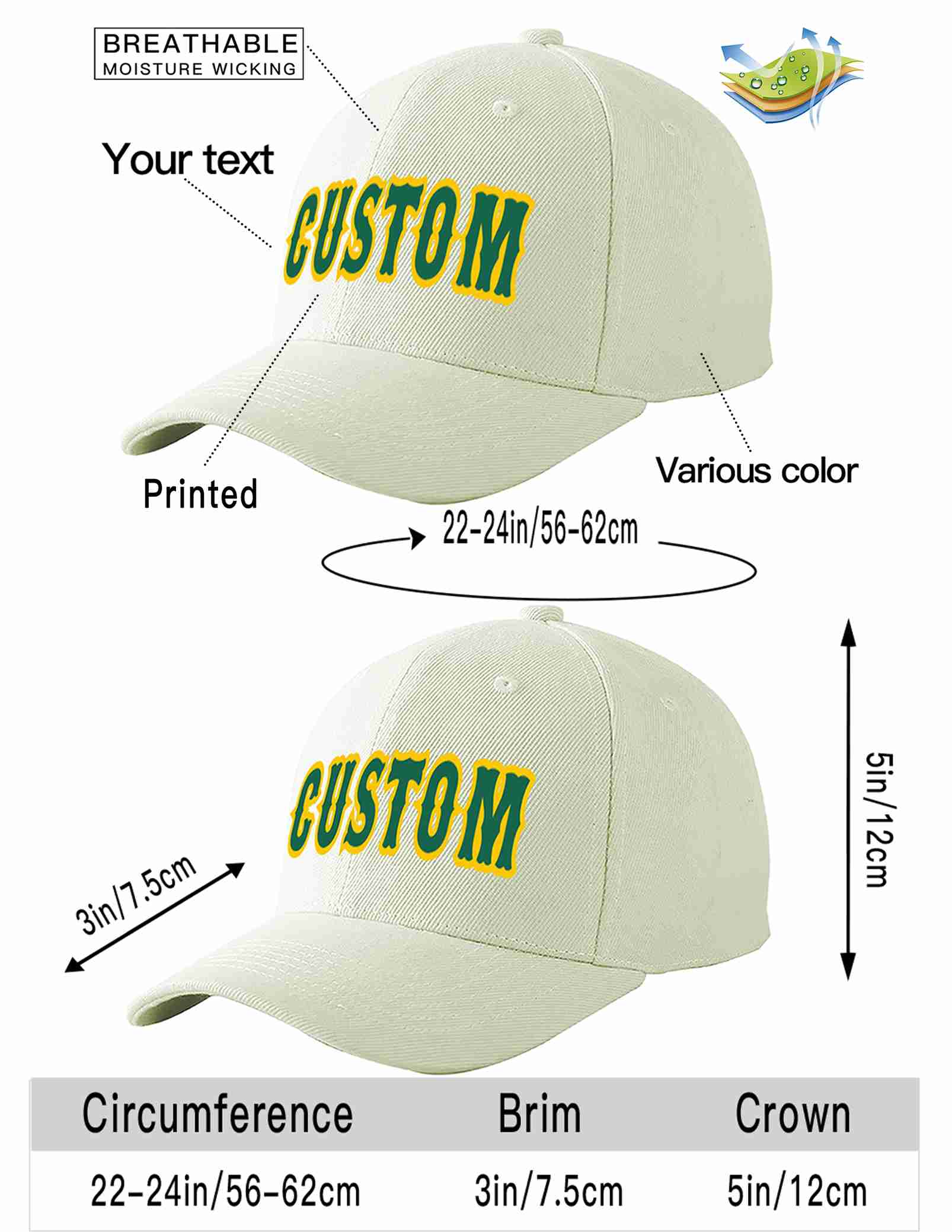 Custom Cream Kelly Green-Gold Curved Eaves Sport Baseball Cap Design for Men/Women/Youth