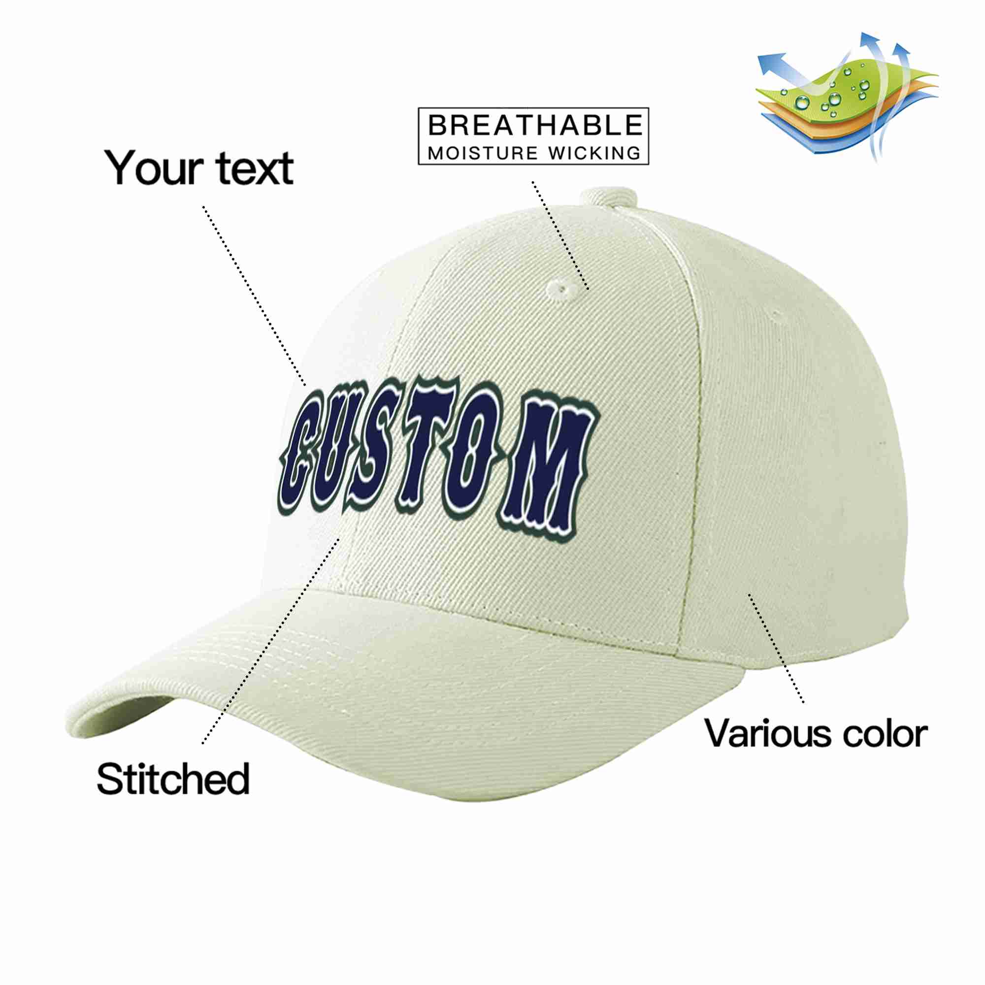 Casquette de baseball de sport incurvée, crème, bleu marine et blanc, personnalisée, pour hommes/femmes/jeunes