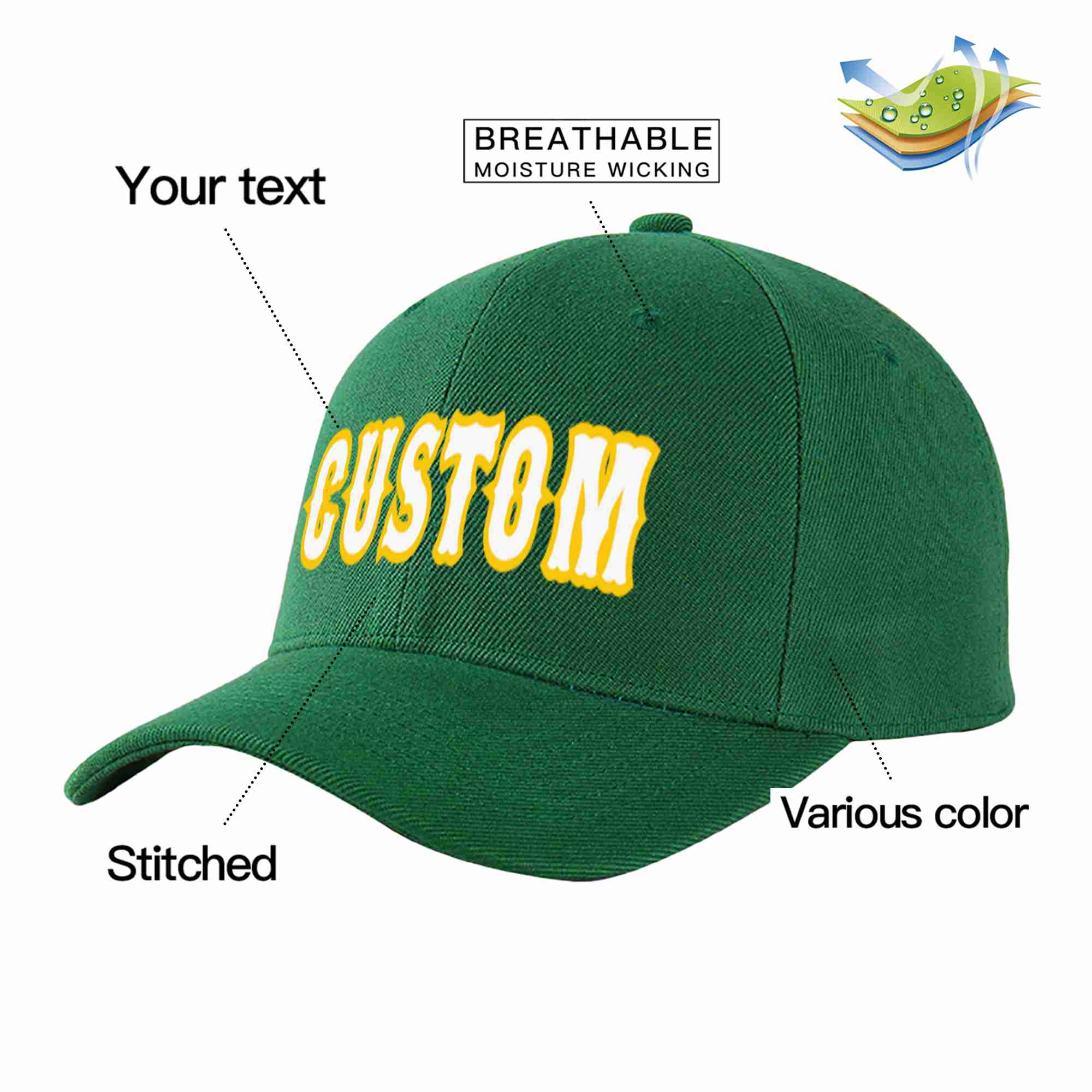 Custom Green White-Gold Curved Eaves Sport Baseball Cap Design for Men/Women/Youth