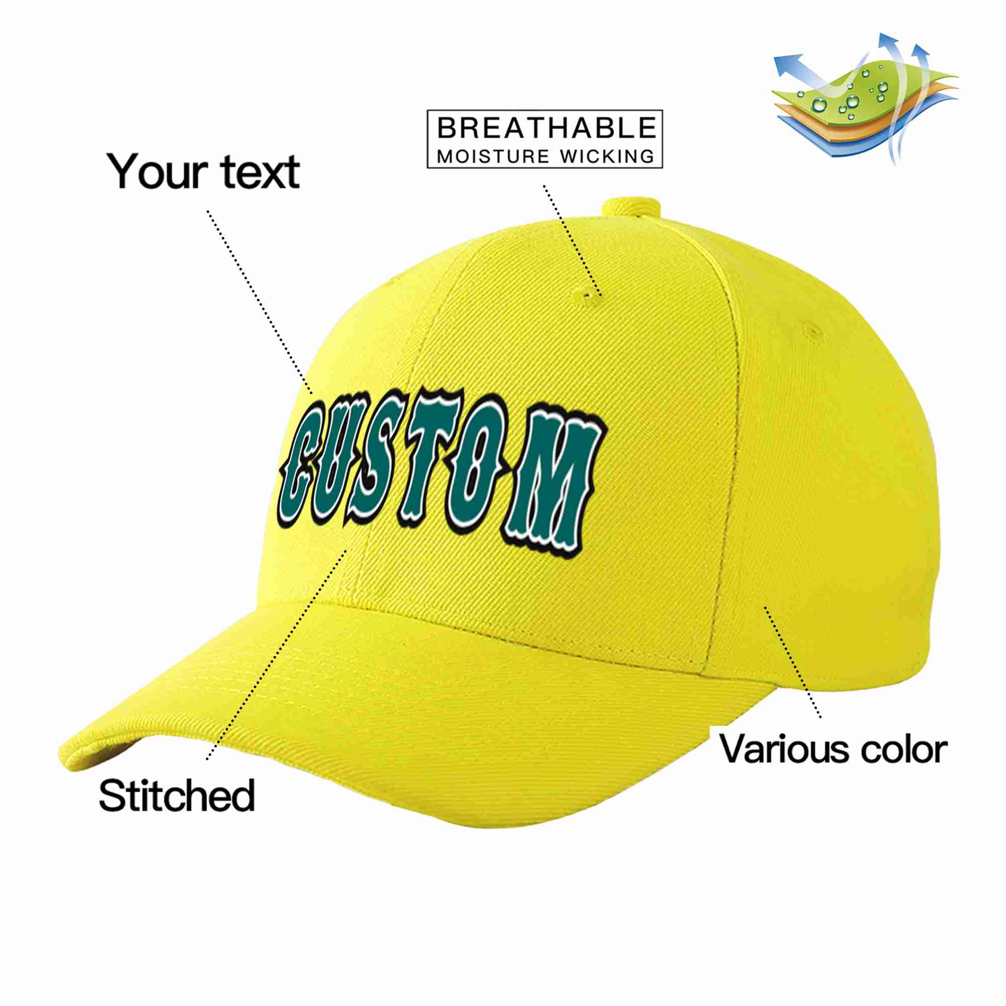 Custom Yellow Aqua-White Curved Eaves Sport Baseball Cap Design for Men/Women/Youth