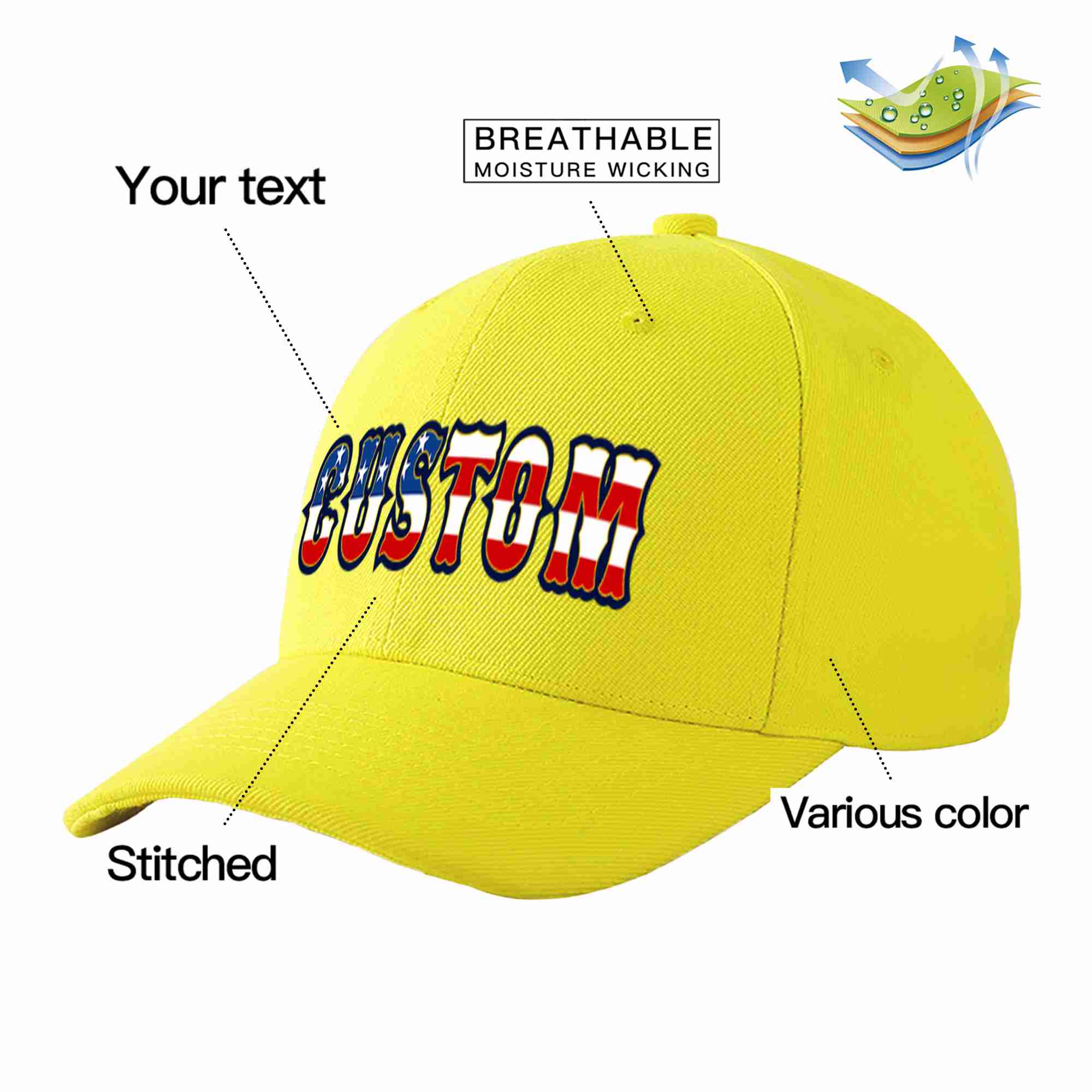 Conception de casquette de baseball de sport à avant-toit incurvé jaune personnalisé avec drapeau américain vintage pour hommes/femmes/jeunes