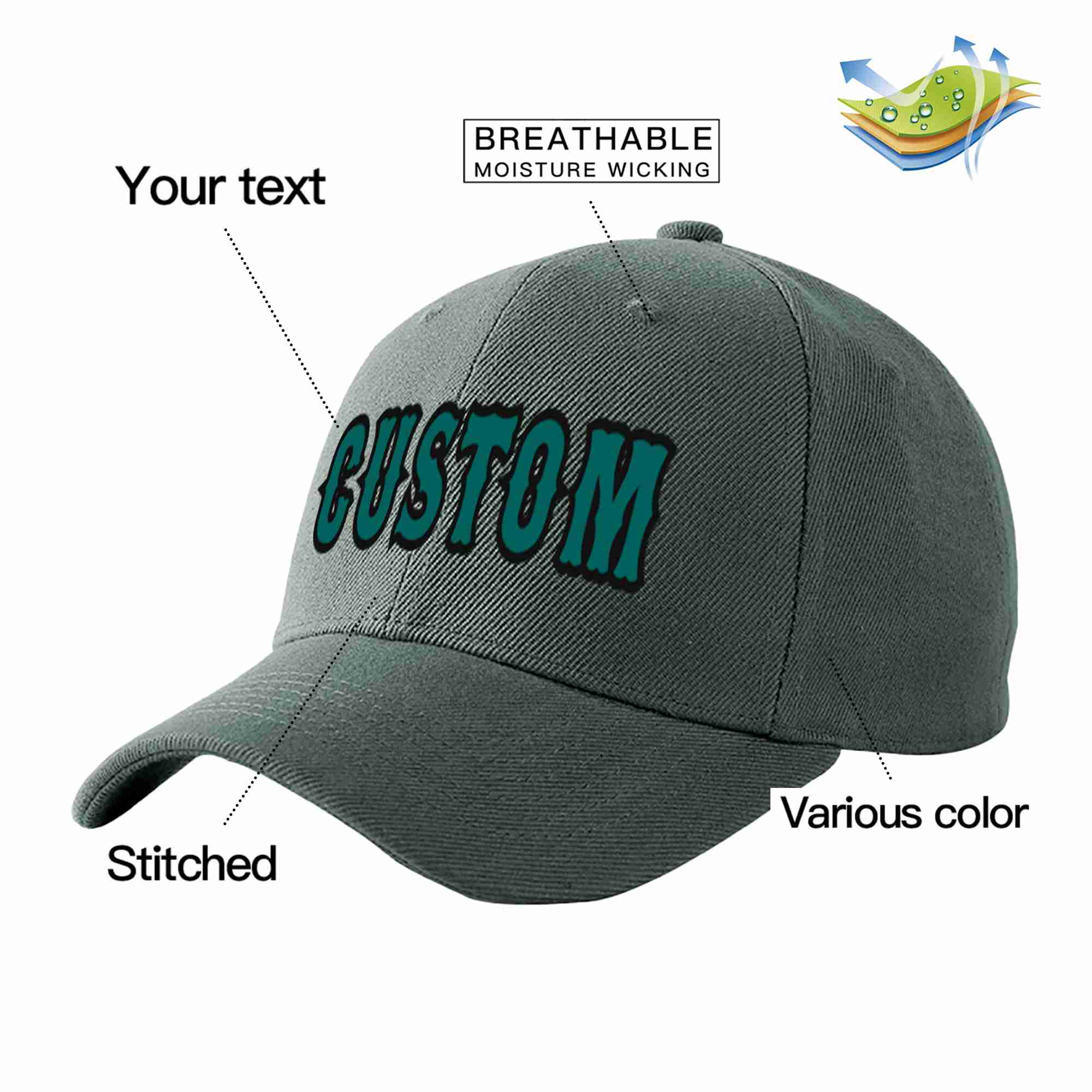 Casquette de baseball de sport incurvée gris foncé Aqua-noir personnalisée pour hommes/femmes/jeunes