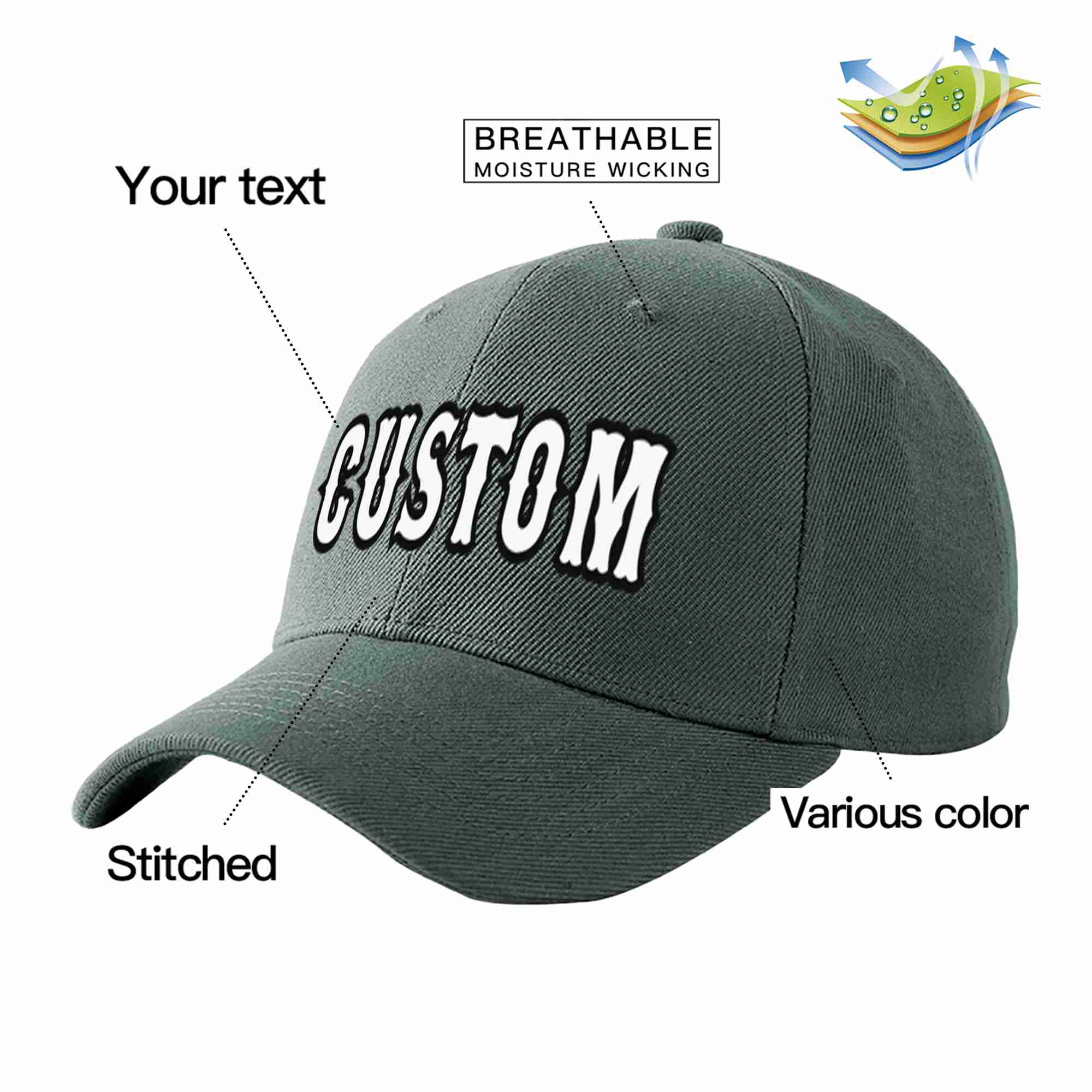 Conception personnalisée de casquette de baseball de sport incurvée gris foncé blanc-noir pour hommes/femmes/jeunes