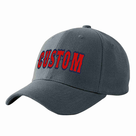 Custom Dark Gray Red-Navy Curved Eaves Sport Baseball Cap Design for Men/Women/Youth