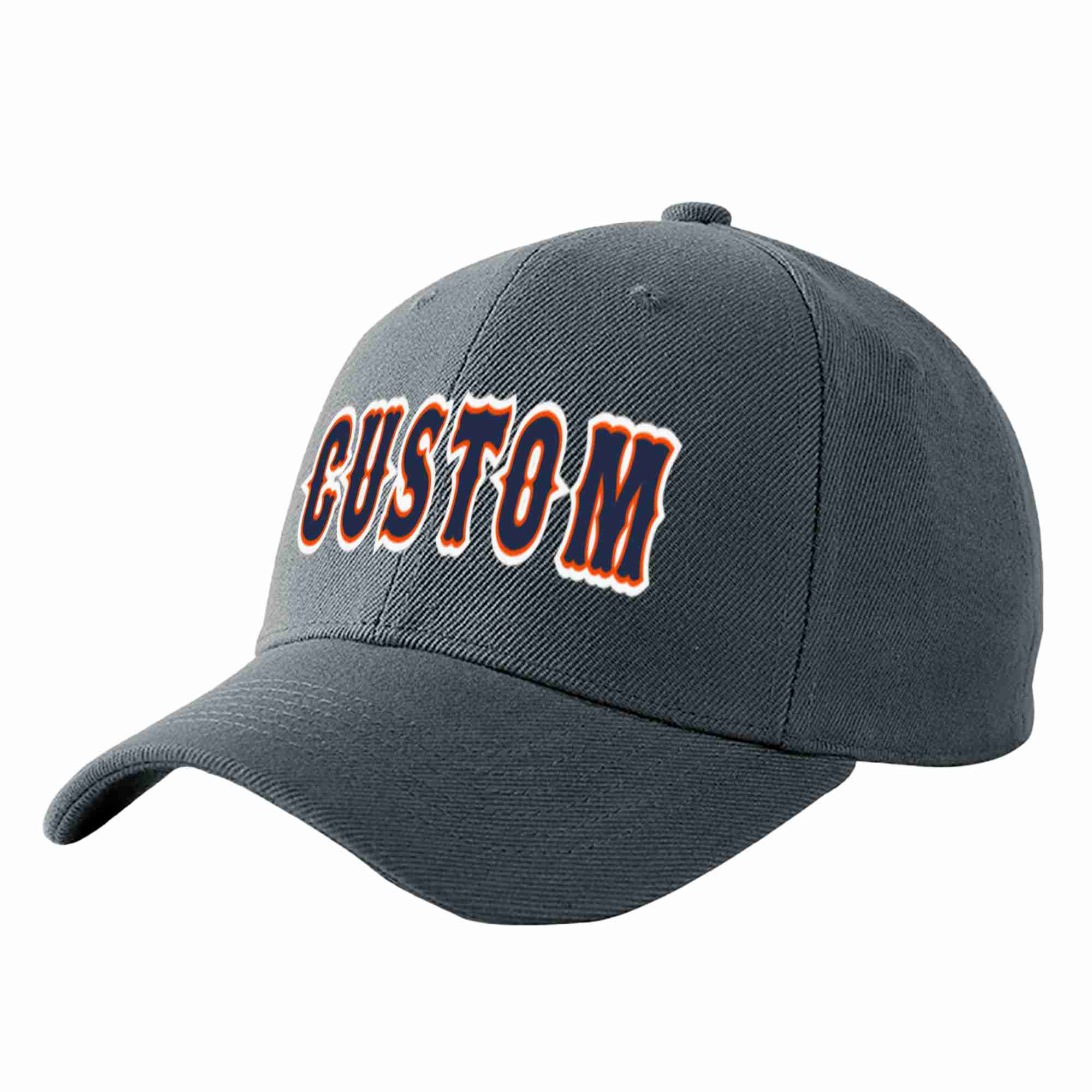 Custom Dark Gray Navy-Orange Curved Eaves Sport Baseball Cap Design for Men/Women/Youth