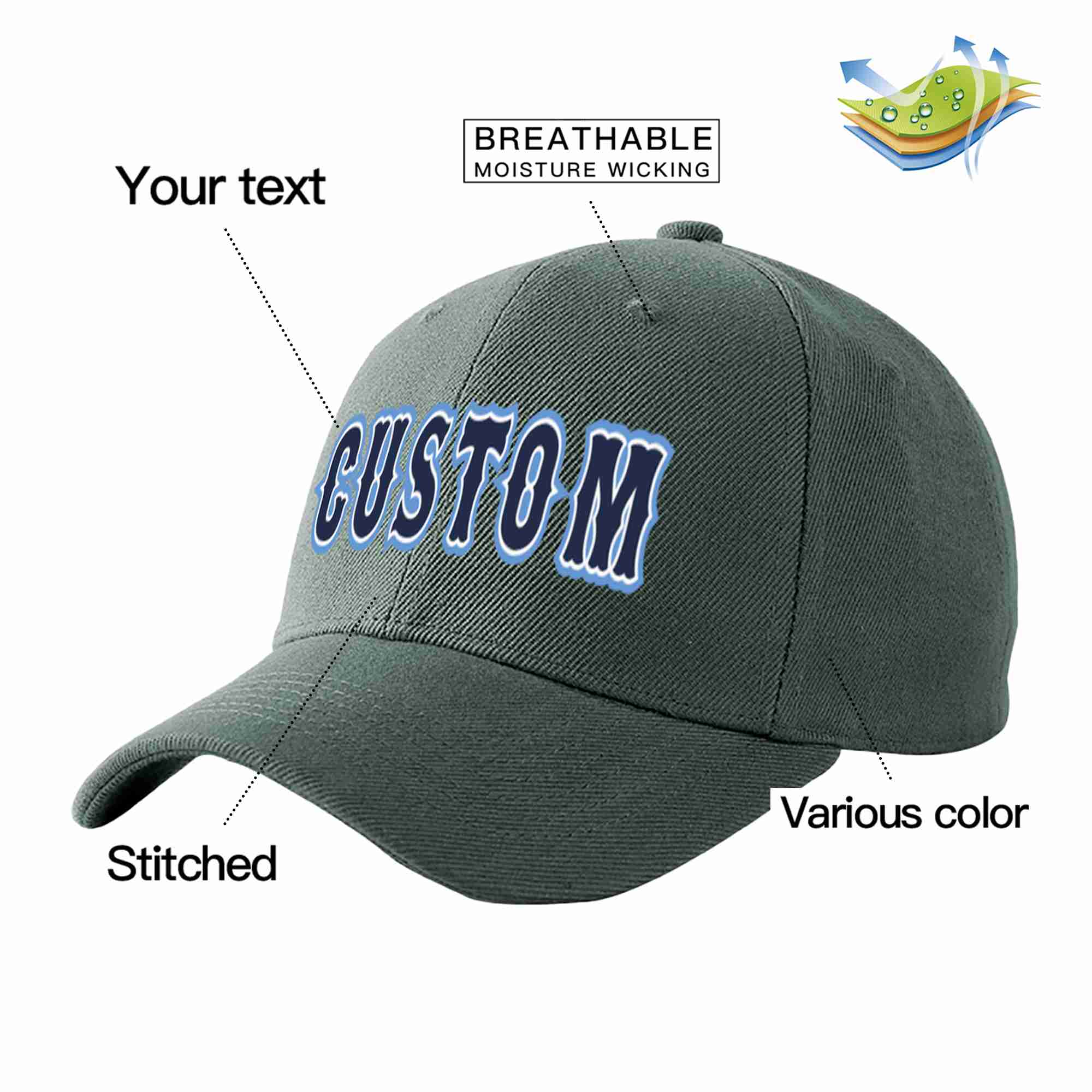 Conception personnalisée de casquette de baseball de sport incurvée gris foncé marine-blanc pour hommes/femmes/jeunes