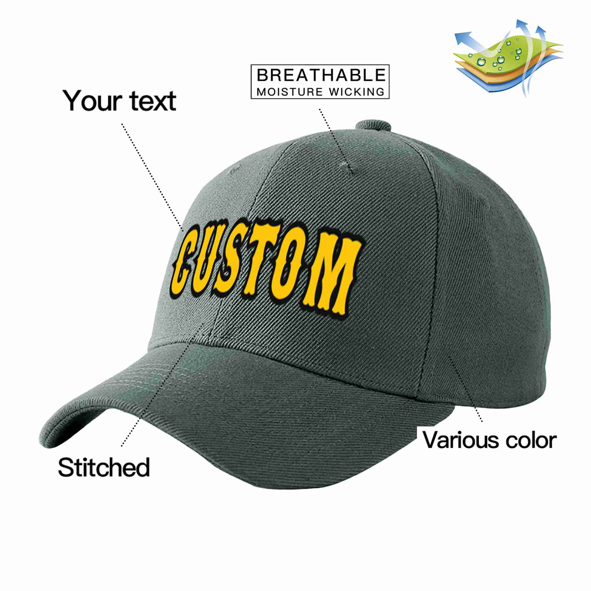 Custom Dark Gray Gold-Black Curved Eaves Sport Baseball Cap Design for Men/Women/Youth