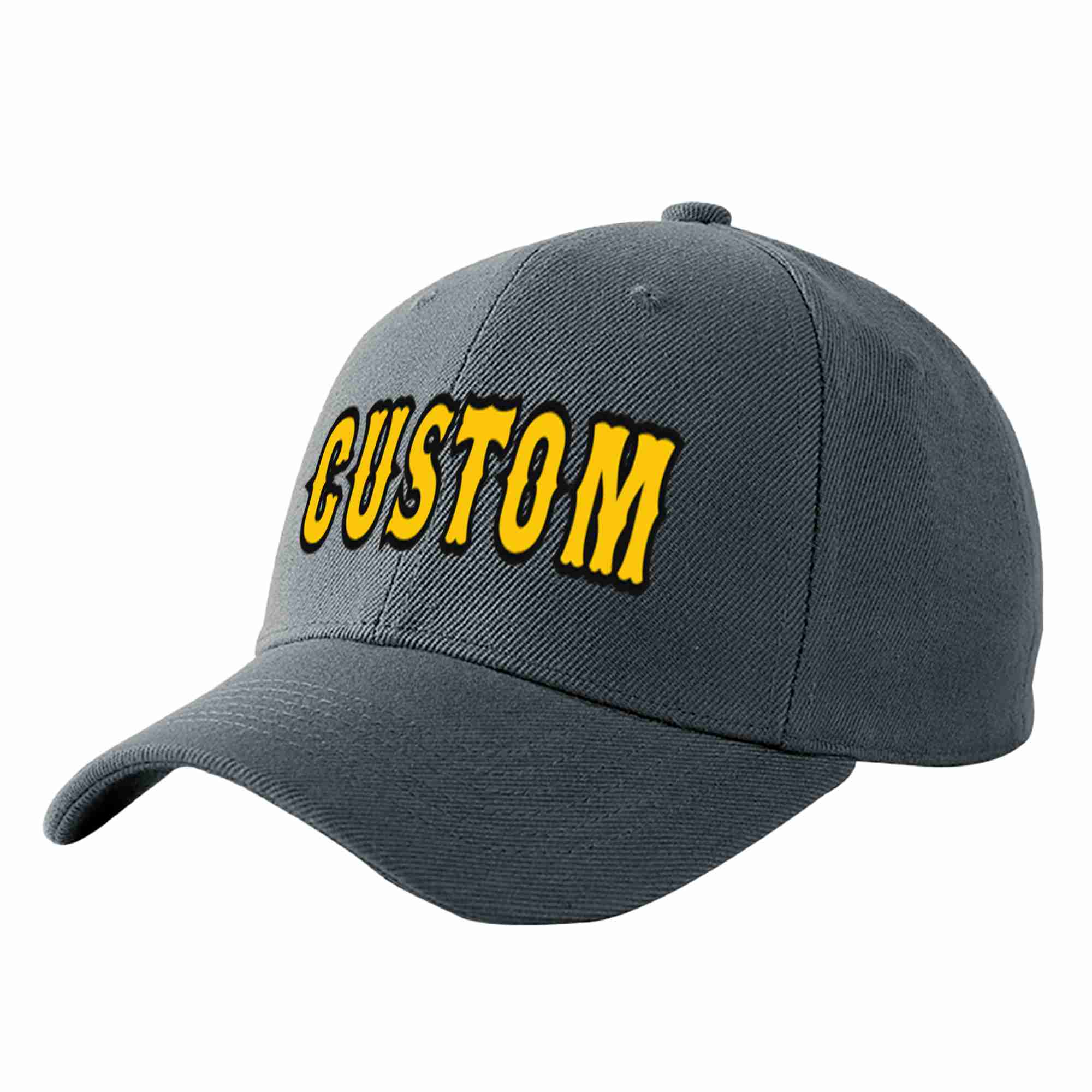 Custom Dark Gray Gold-Black Curved Eaves Sport Baseball Cap Design for Men/Women/Youth