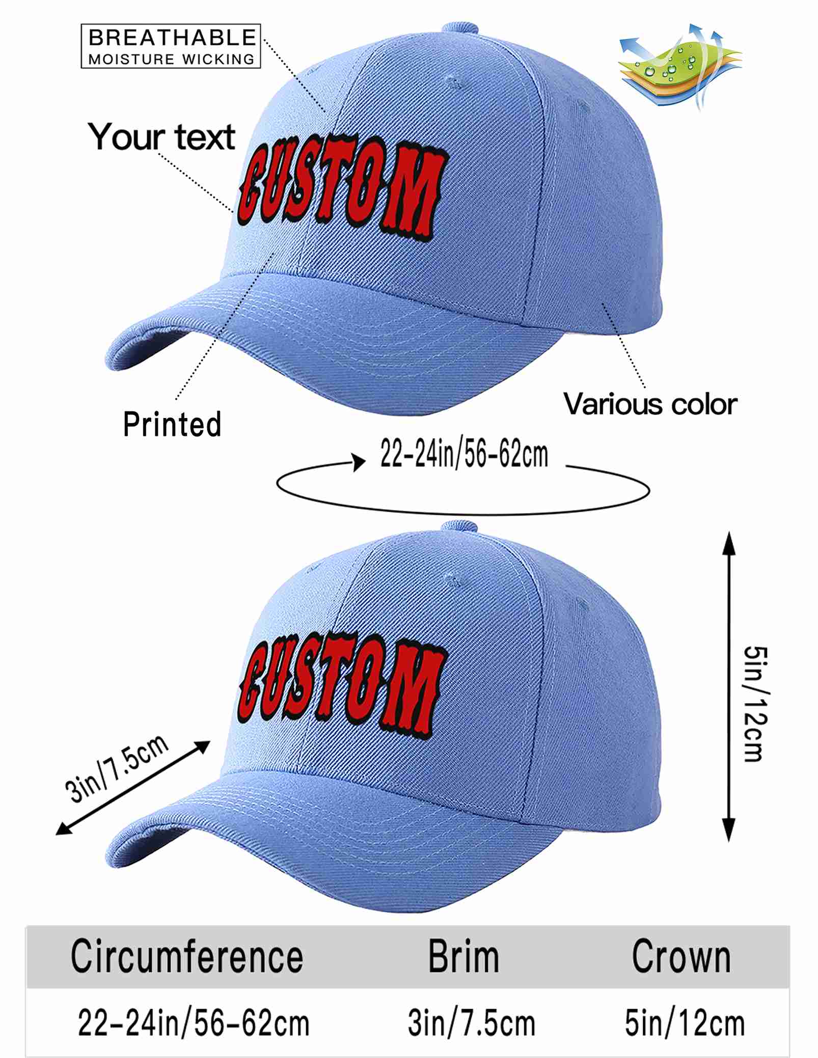 Custom Sky Blue Red-Black Curved Eaves Sport Baseball Cap Design for Men/Women/Youth