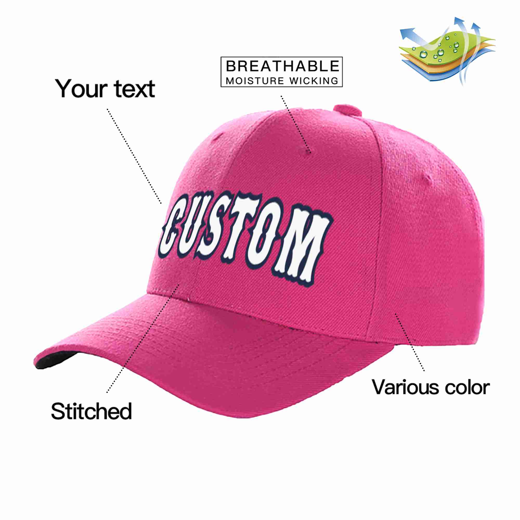 Conception personnalisée de casquette de baseball de sport à avant-toit incurvée rose rouge blanc-marine pour hommes/femmes/jeunes