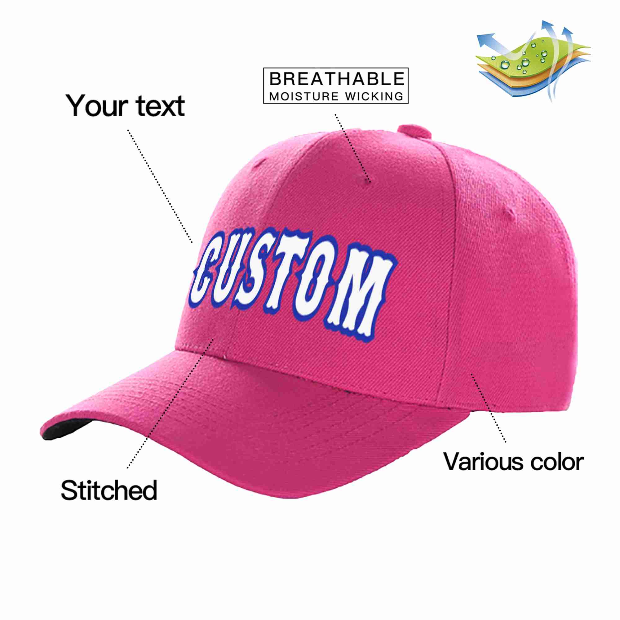 Casquette de baseball de sport incurvée personnalisée Rose rouge blanc-royal pour hommes/femmes/jeunes