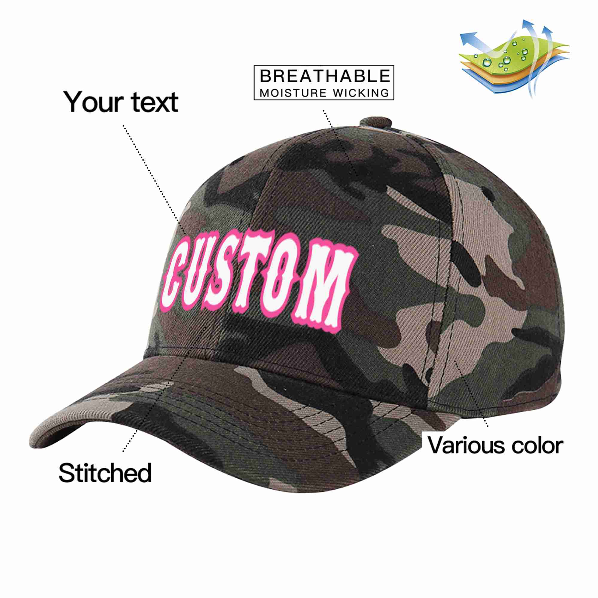 Custom Camo White-Pink Curved Eaves Sport Baseball Cap Design for Men/Women/Youth