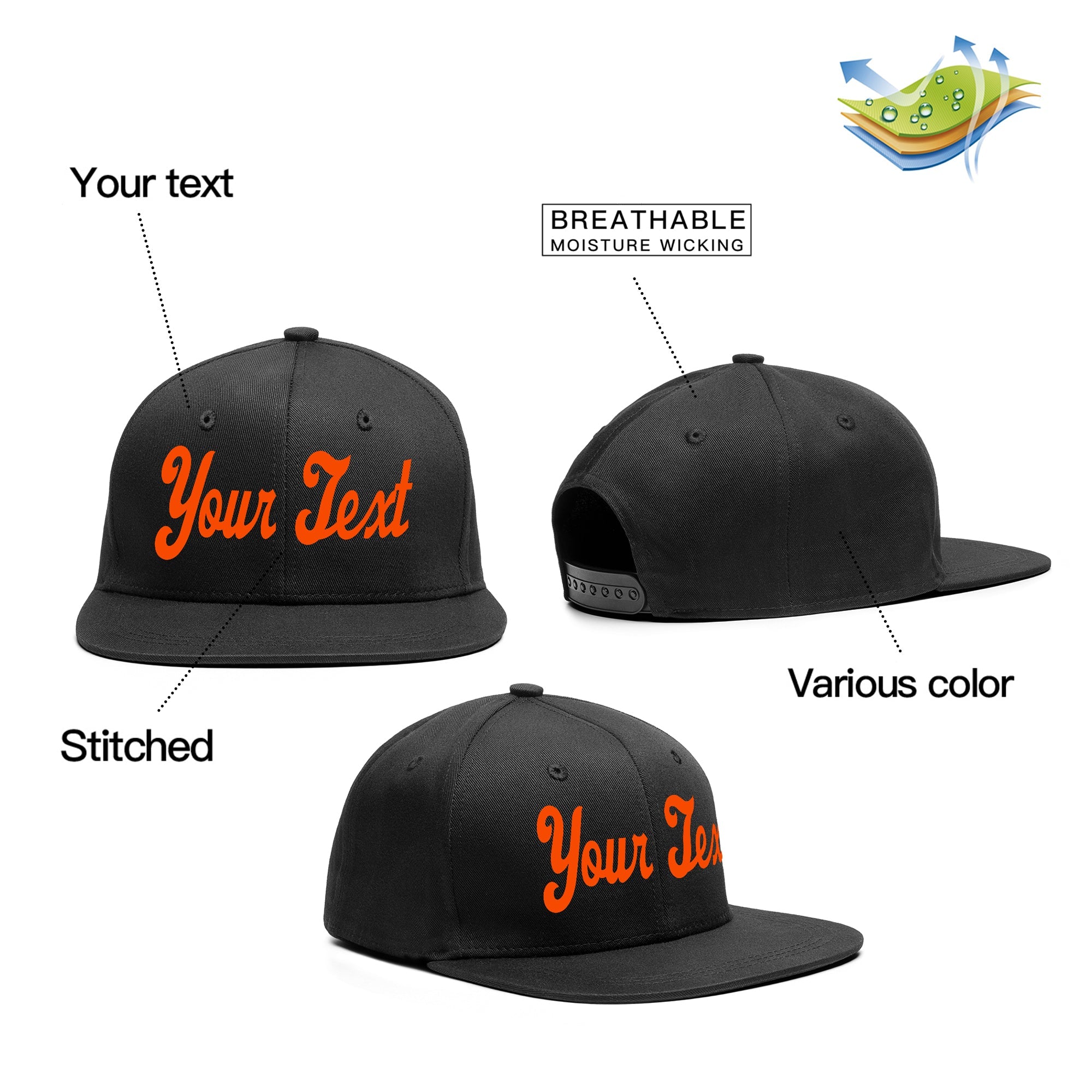 Casquette de baseball sport décontractée orange noir personnalisée