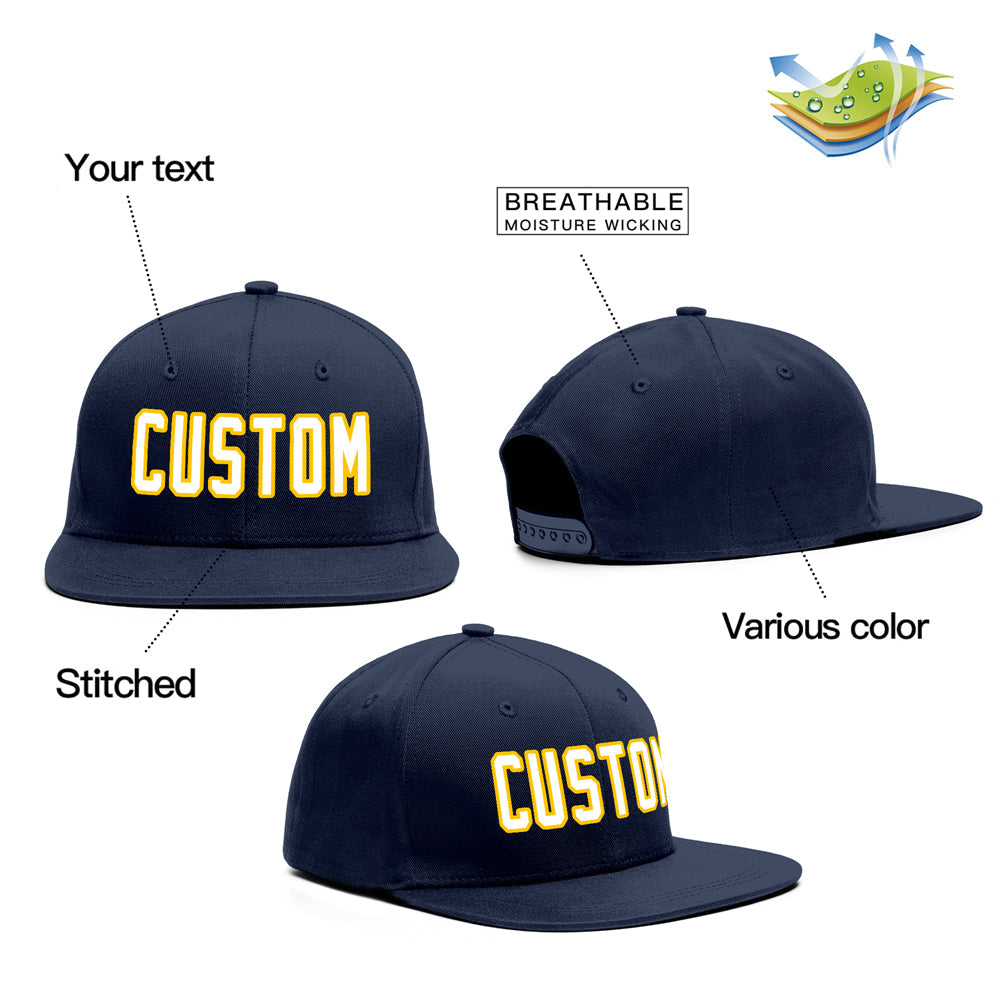 Casquette de baseball de sport de plein air personnalisée bleu marine blanc-jaune