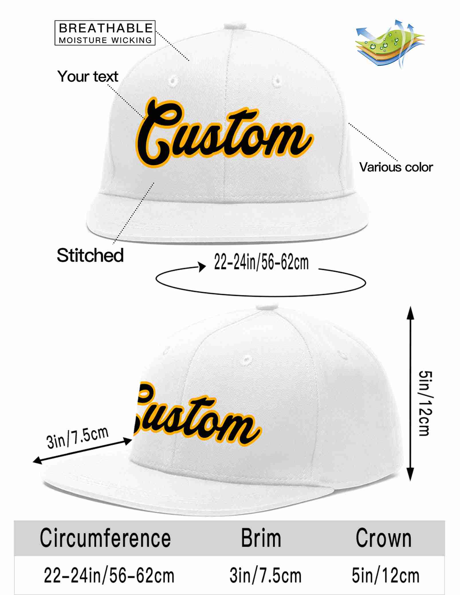 Custom White Black-Yellow Casual Sport Baseball Cap