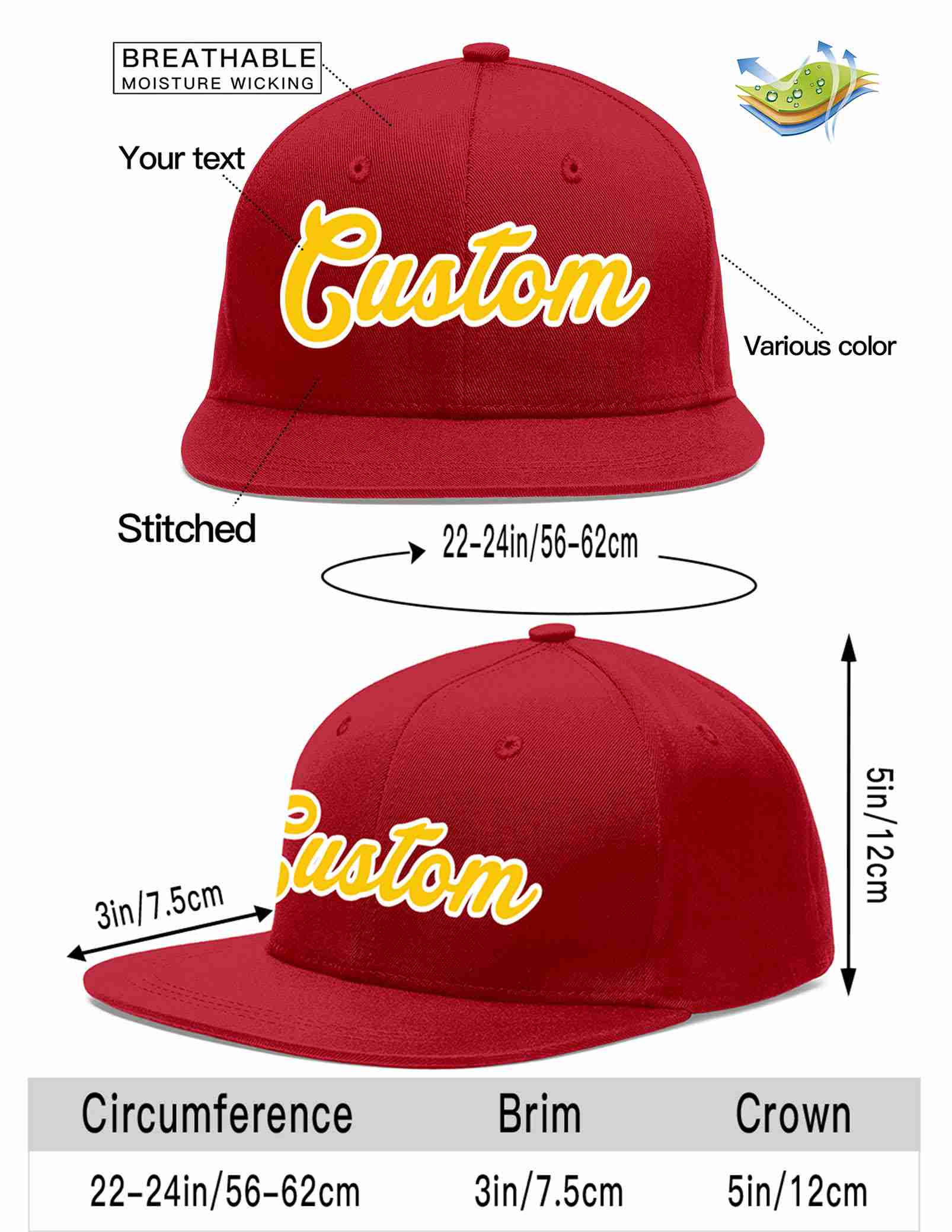 Custom Red Gold-White Casual Sport Baseball Cap