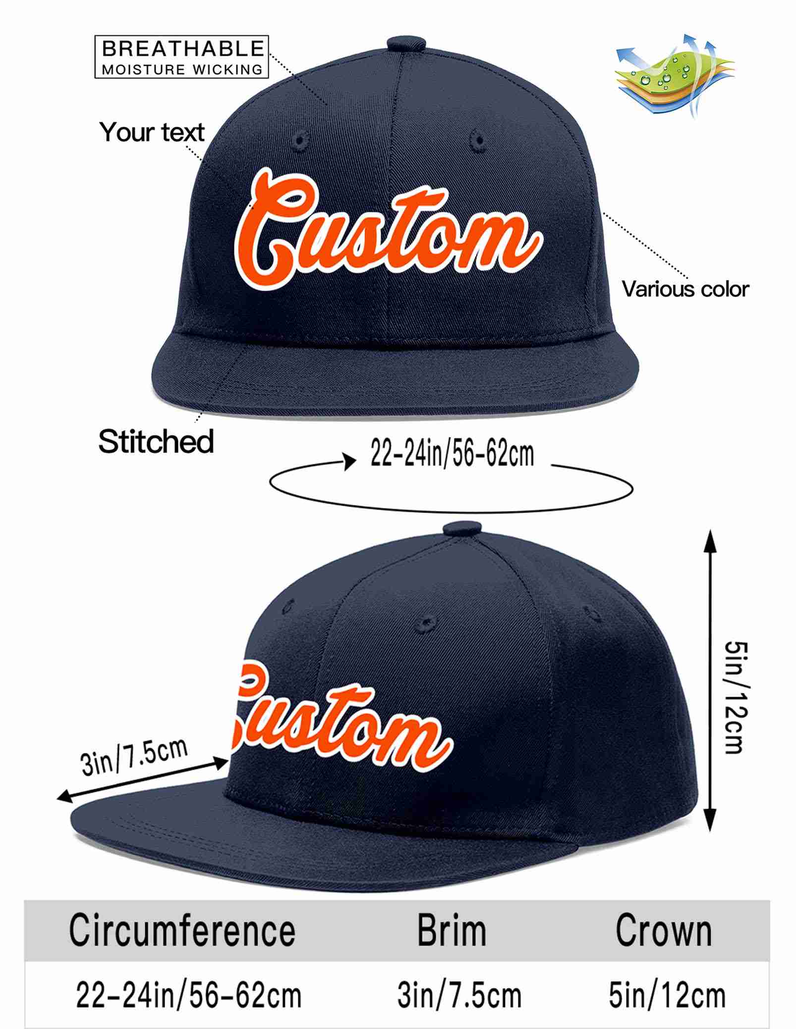 Custom Navy Orange-White Casual Sport Baseball Cap