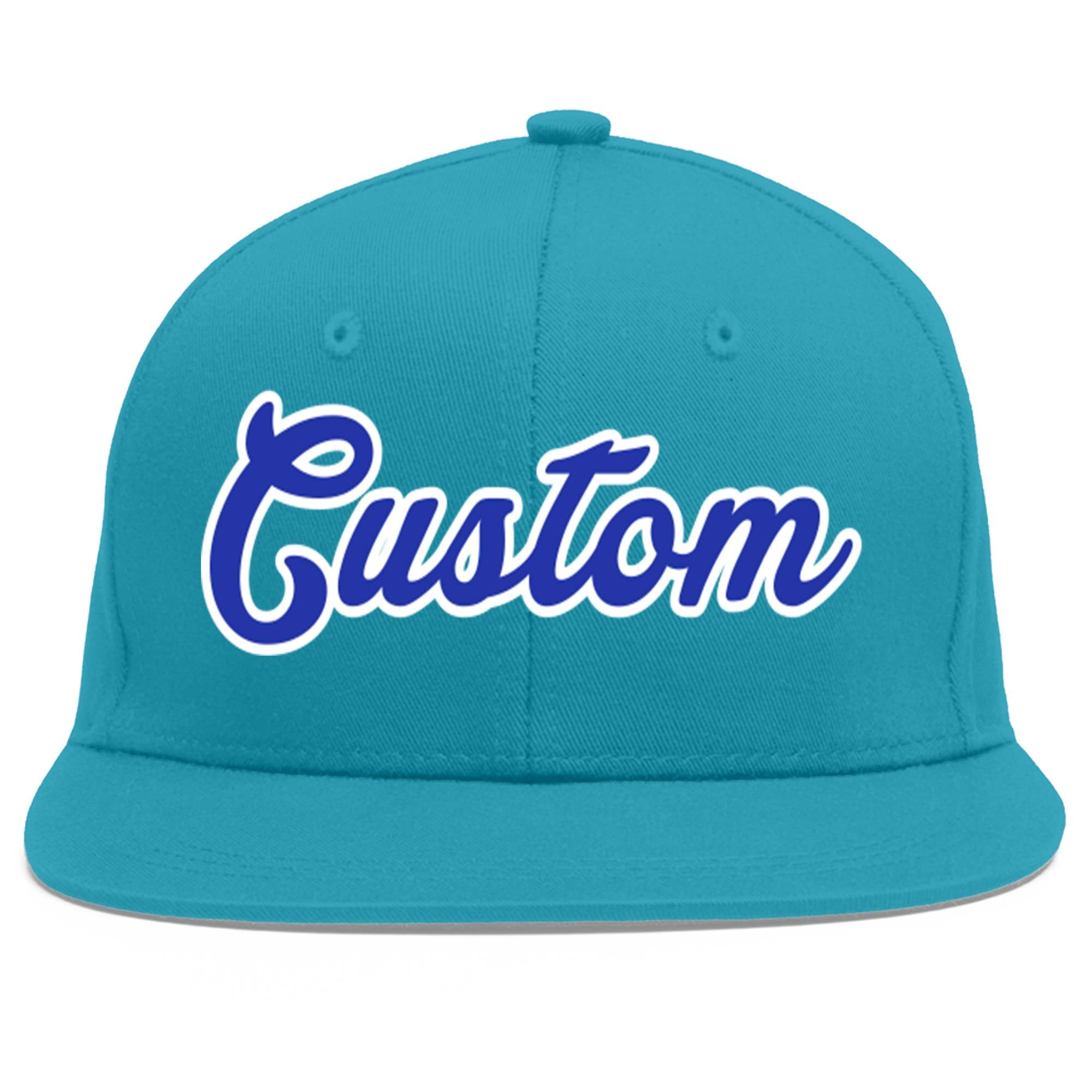 Custom Aqua Royal-White Flat Eaves Sport Baseball Cap