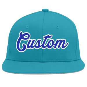 Custom Aqua Royal-White Flat Eaves Sport Baseball Cap