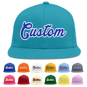 Custom Aqua Royal-White Flat Eaves Sport Baseball Cap