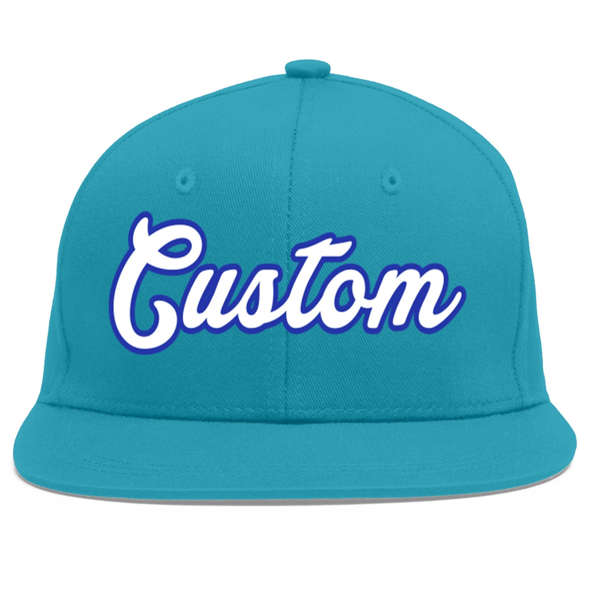 Custom Aqua White-Royal Flat Eaves Sport Baseball Cap