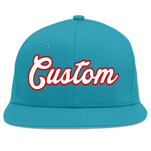 Custom Aqua White-Red Flat Eaves Sport Baseball Cap