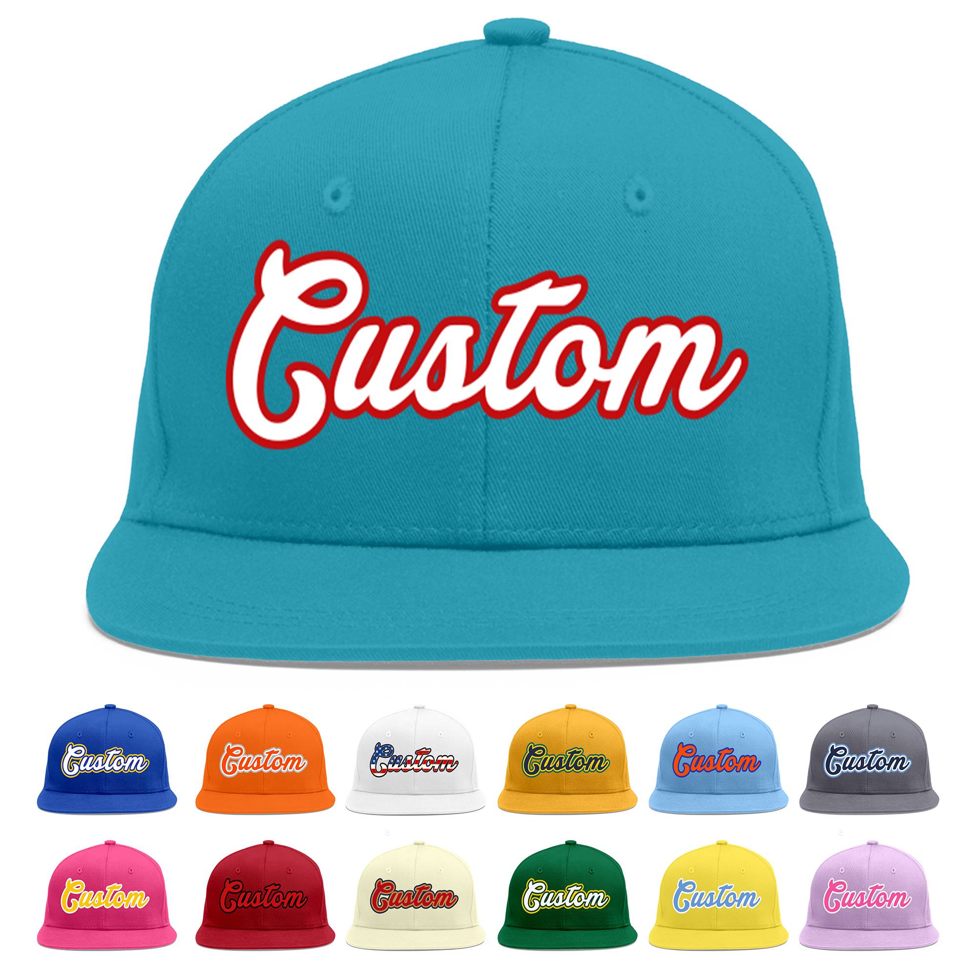 Custom Aqua White-Red Flat Eaves Sport Baseball Cap