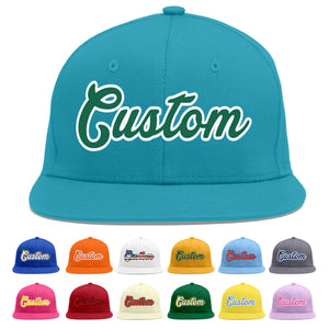 Custom Aqua Kelly Green-White Flat Eaves Sport Baseball Cap